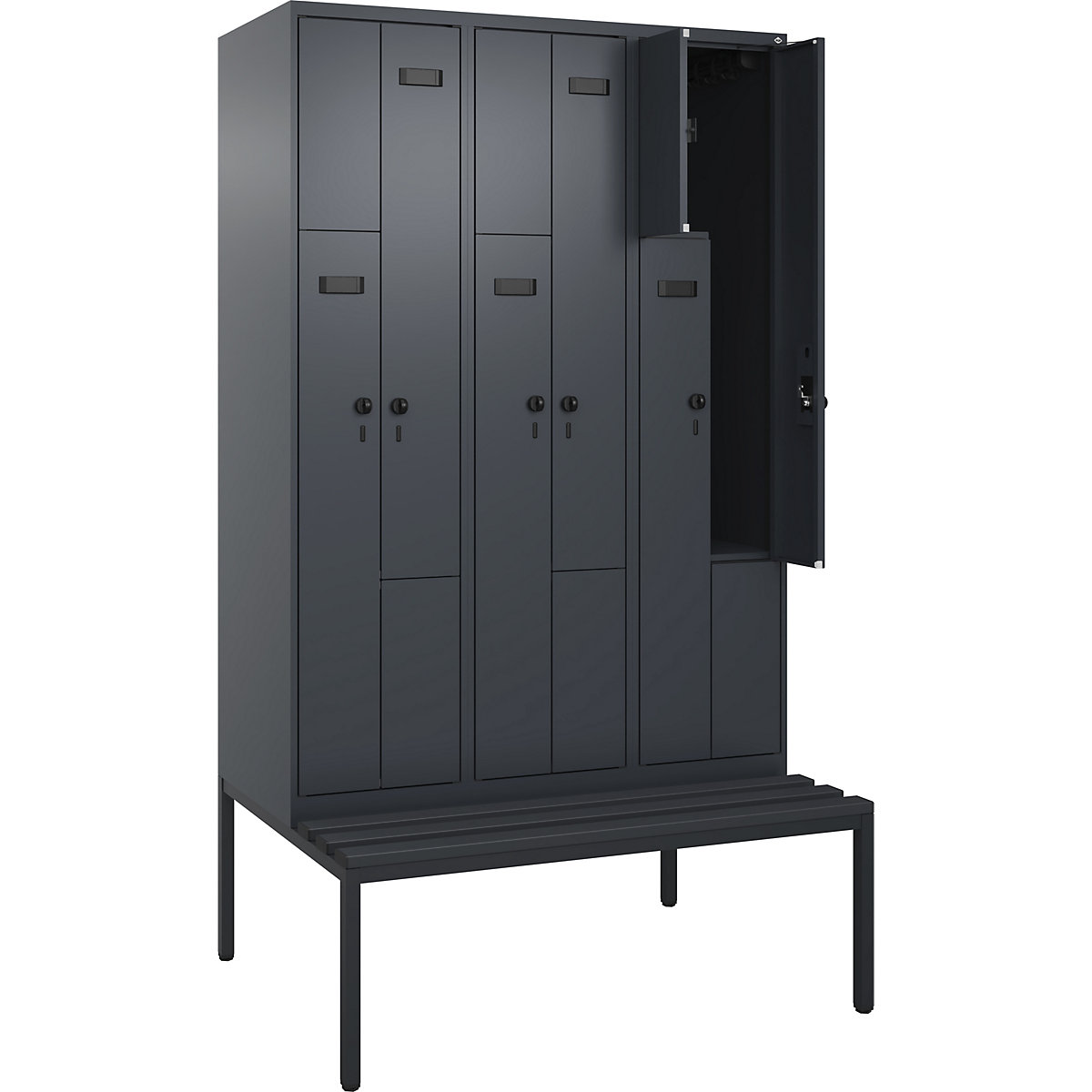 Armadietto a Z con panca Evolo PLUS, 3 scomparti, grigio, largh. 1200 mm, serratura girevole di sicurezza, con panca integrata, plastica-0