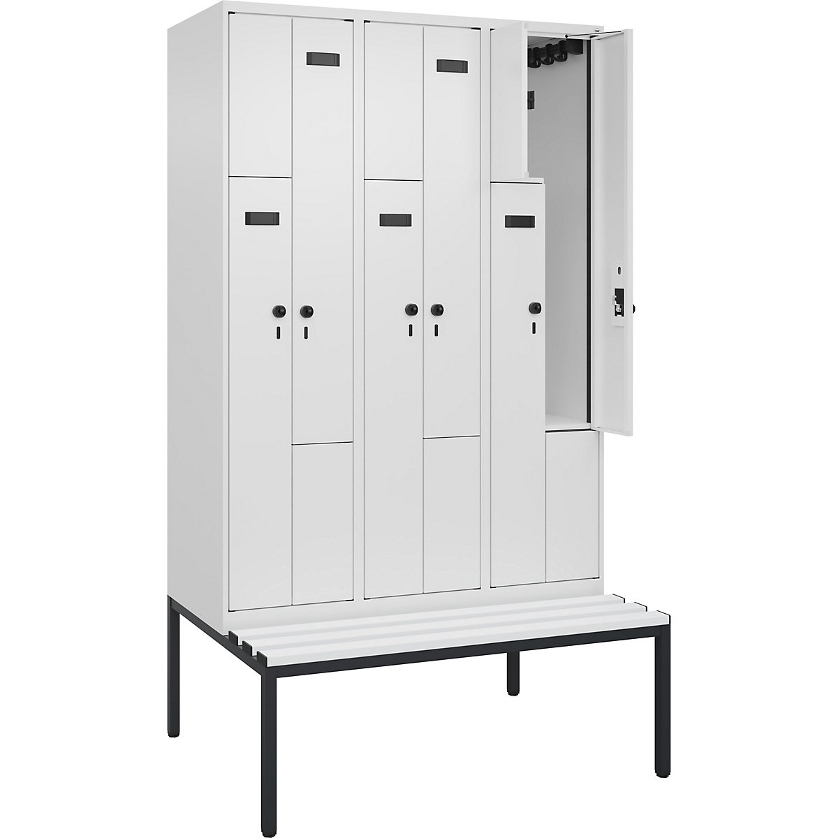 Armadietto a Z con panca Evolo PLUS, 3 scomparti, bianco, largh. 1200 mm, serratura girevole di sicurezza, con panca integrata, plastica-0