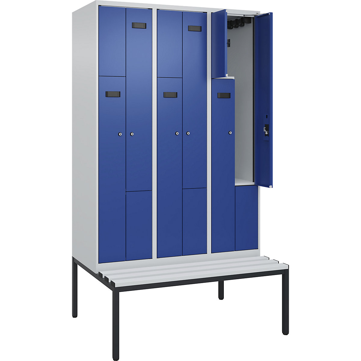 Armadietto a Z con panca Evolo PLUS, 3 scomparti, grigio chiaro / blu genziana, largh. 1200 mm, serratura a cilindro, con panca integrata, plastica-0