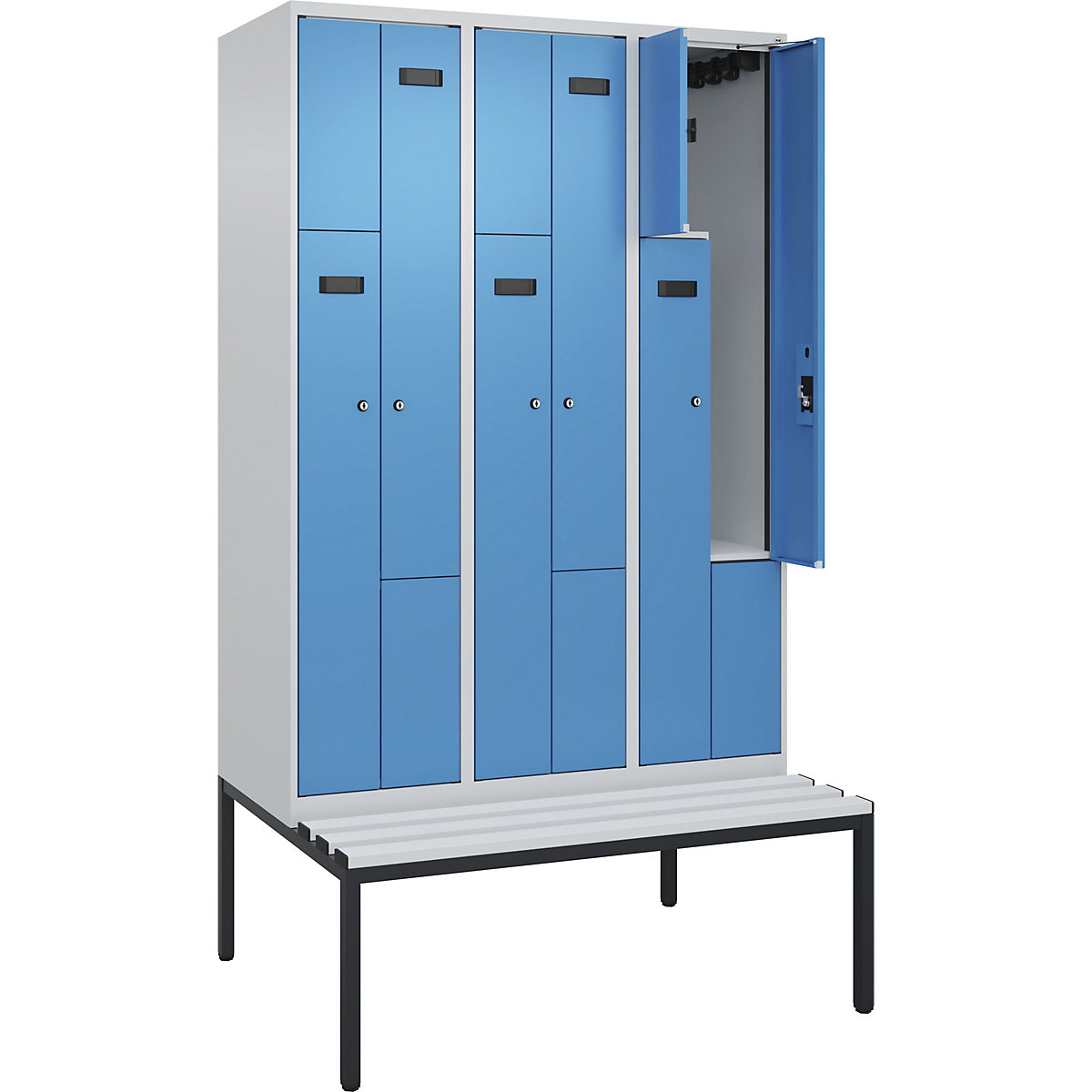 Armadietto a Z con panca Evolo PLUS, 3 scomparti, grigio chiaro / blu chiaro, largh. 1200 mm, serratura a cilindro, con panca integrata, plastica-0