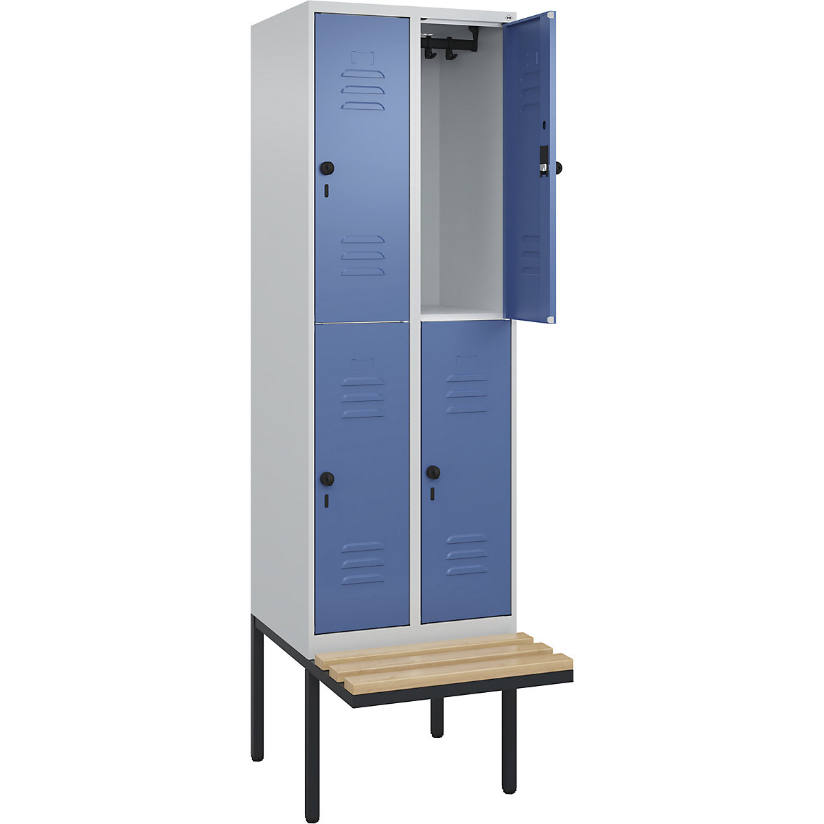 Armadietto a due piani Classic PLUS con panca – C+P, 2 scomparti, grigio chiaro / indaco, largh. 600 mm, serratura girevole di sicurezza, panca sporgente, legno duro di faggio-0