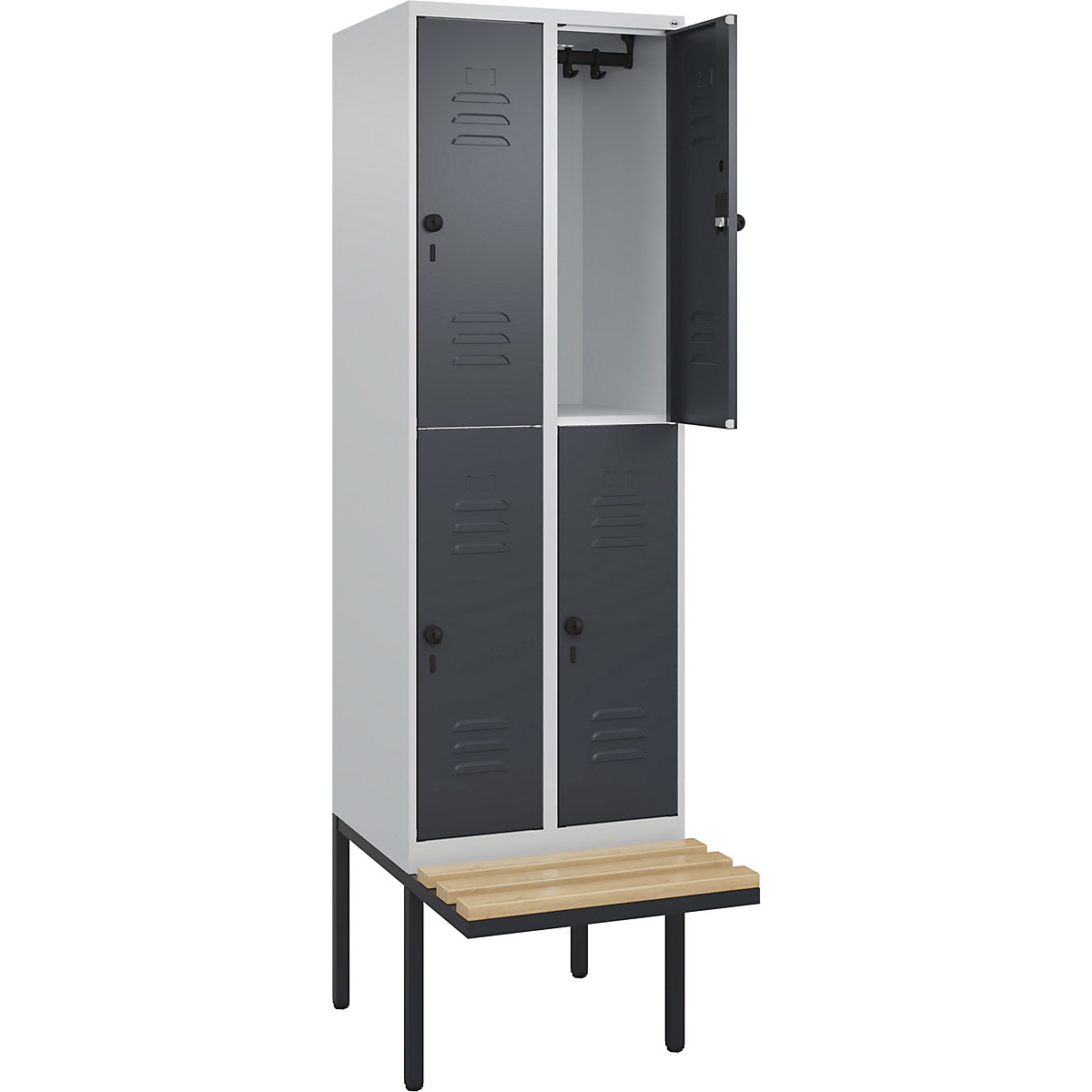 Armadietto a due piani Classic PLUS con panca – C+P, 2 scomparti, grigio chiaro / grigio, largh. 600 mm, serratura girevole di sicurezza, panca sporgente, legno duro di faggio-0