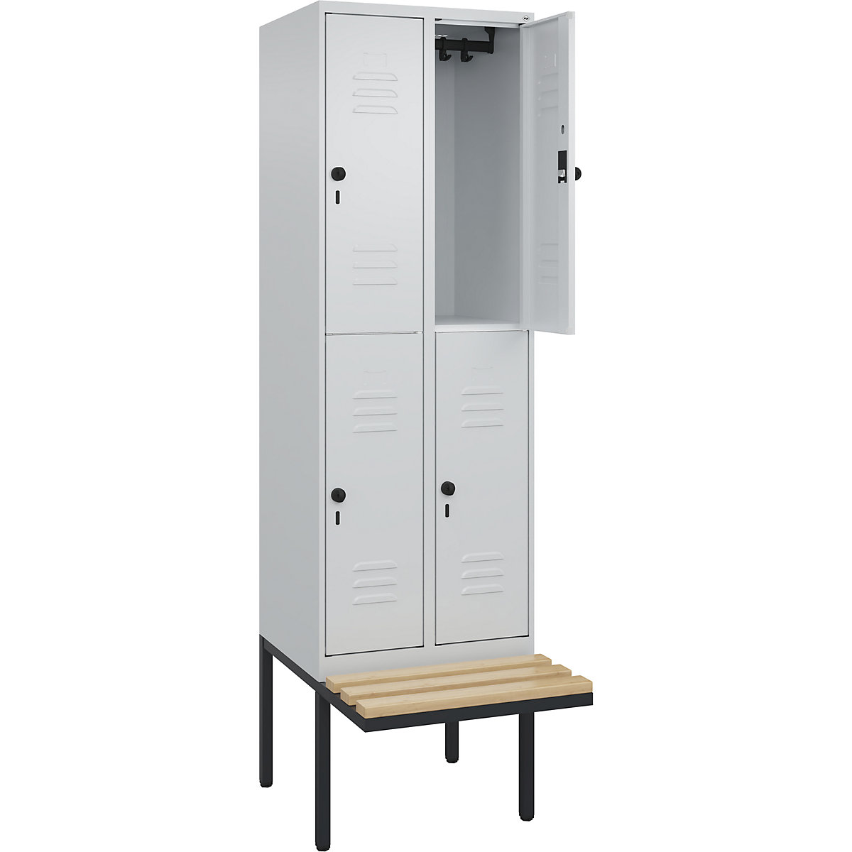Armadietto a due piani Classic PLUS con panca – C+P, 2 scomparti, grigio chiaro, largh. 600 mm, serratura girevole di sicurezza, panca sporgente, legno duro di faggio-0