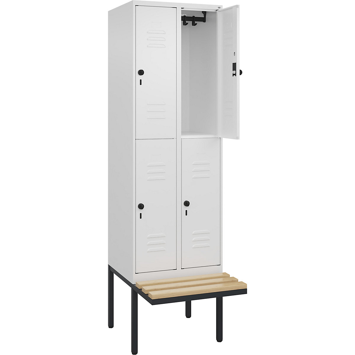 Armadietto a due piani Classic PLUS con panca – C+P, 2 scomparti, bianco traffico, largh. 600 mm, serratura girevole di sicurezza, panca sporgente, legno duro di faggio-0