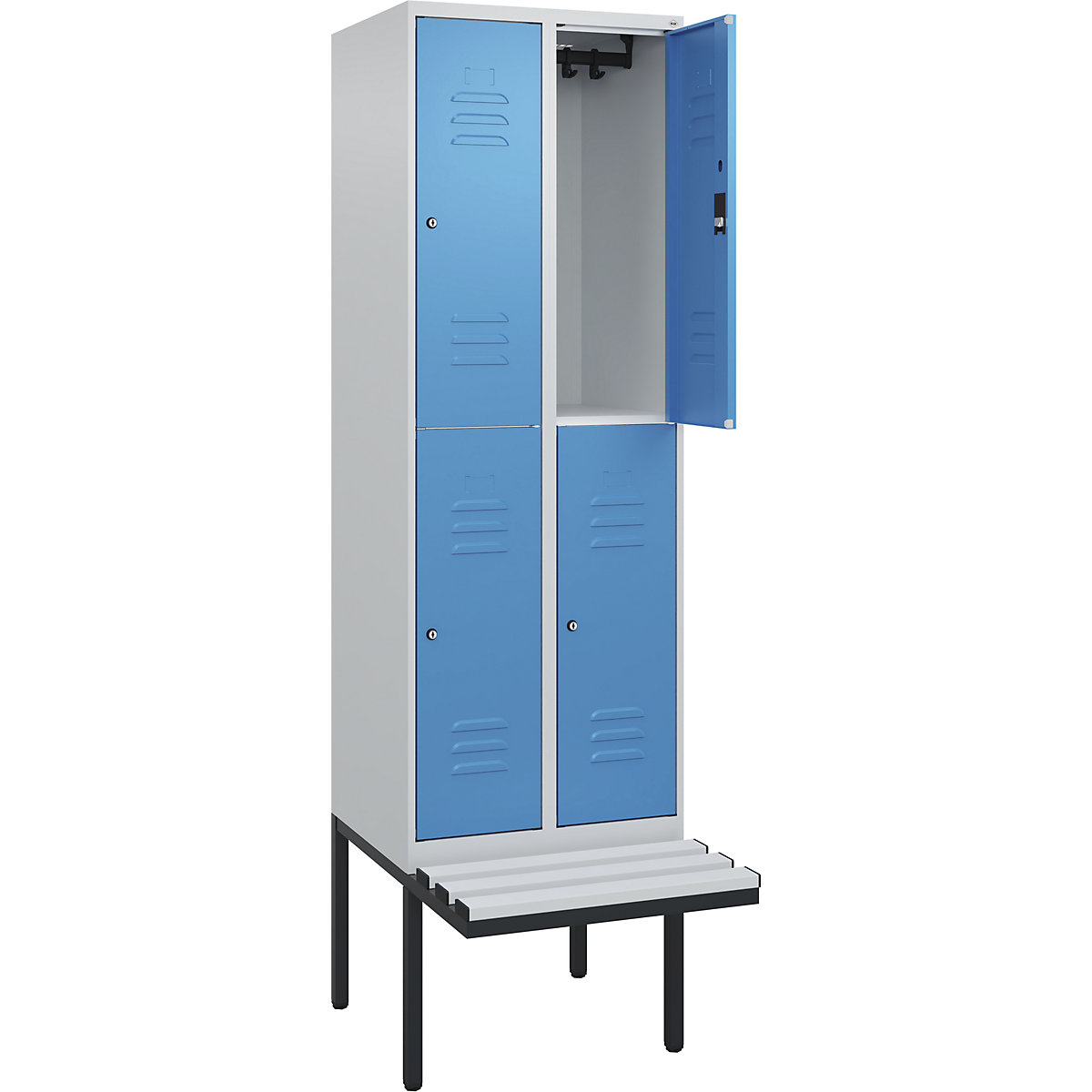 Armadietto a due piani Classic PLUS con panca – C+P, 2 scomparti, grigio chiaro / blu chiaro, largh. 600 mm, serratura a cilindro, panca sporgente, plastica-0