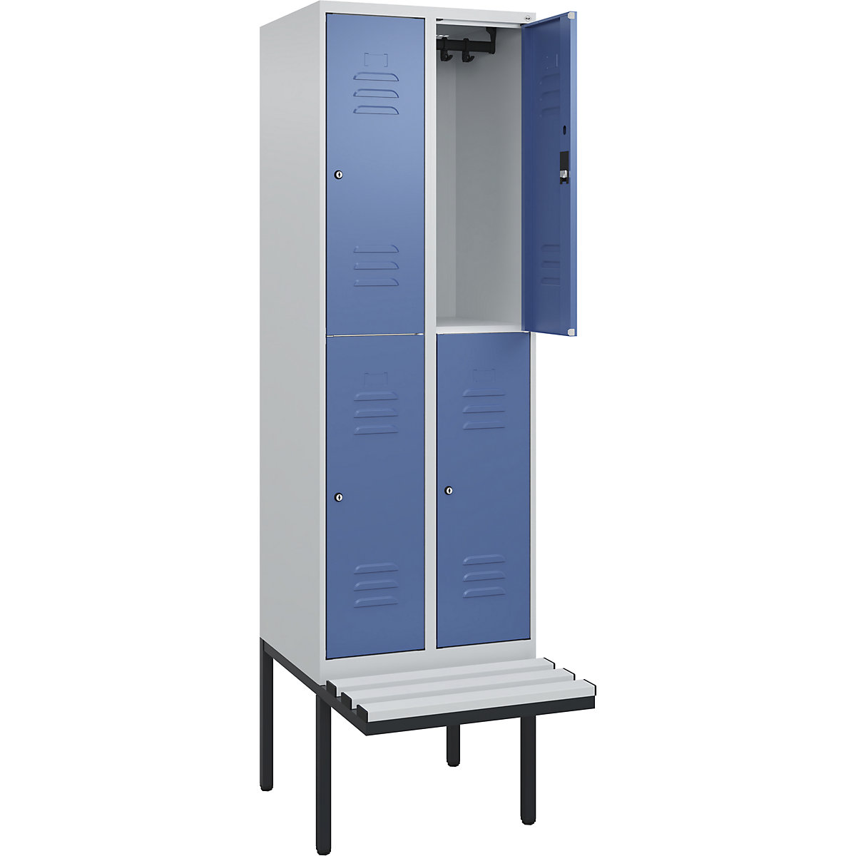 Armadietto a due piani Classic PLUS con panca – C+P, 2 scomparti, grigio chiaro / indaco, largh. 600 mm, serratura a cilindro, panca sporgente, plastica-0
