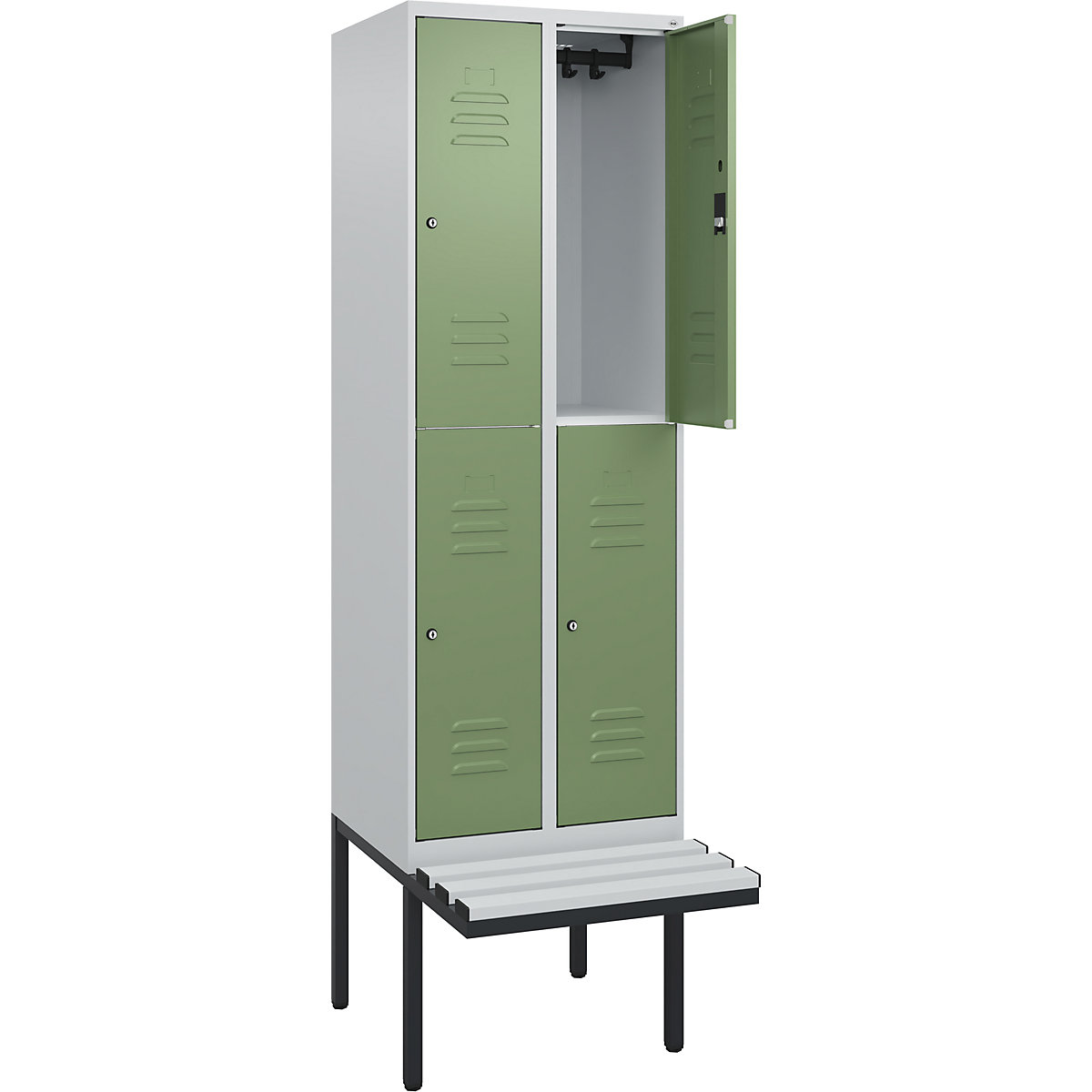 Armadietto a due piani Classic PLUS con panca – C+P, 2 scomparti, grigio chiaro / verde reseda, largh. 600 mm, serratura a cilindro, panca sporgente, plastica-0