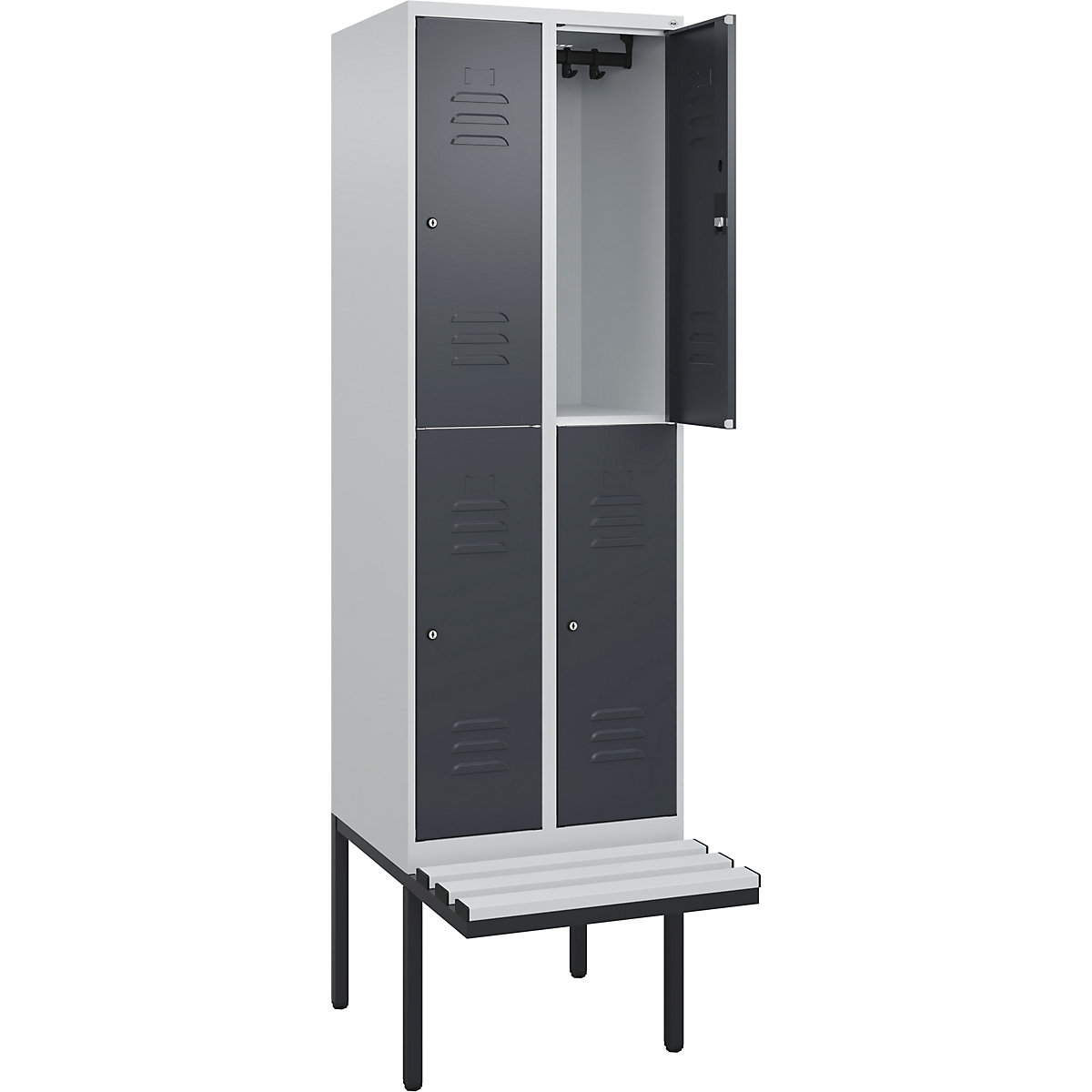 Armadietto a due piani Classic PLUS con panca – C+P, 2 scomparti, grigio chiaro / grigio, largh. 600 mm, serratura a cilindro, panca sporgente, plastica-0