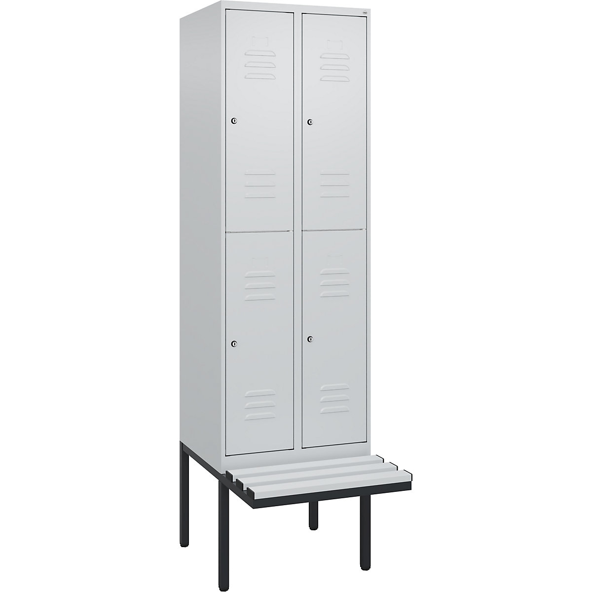 Armadietto a due piani Classic PLUS con panca – C+P, 2 scomparti, grigio chiaro, largh. 600 mm, serratura a cilindro, panca sporgente, plastica-0
