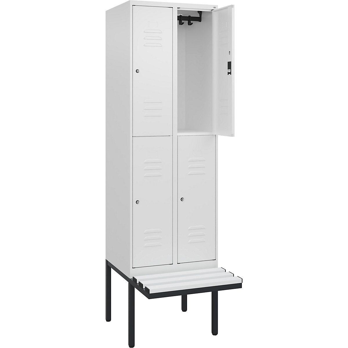 Armadietto a due piani Classic PLUS con panca – C+P, 2 scomparti, bianco traffico, largh. 600 mm, serratura a cilindro, panca sporgente, plastica-0
