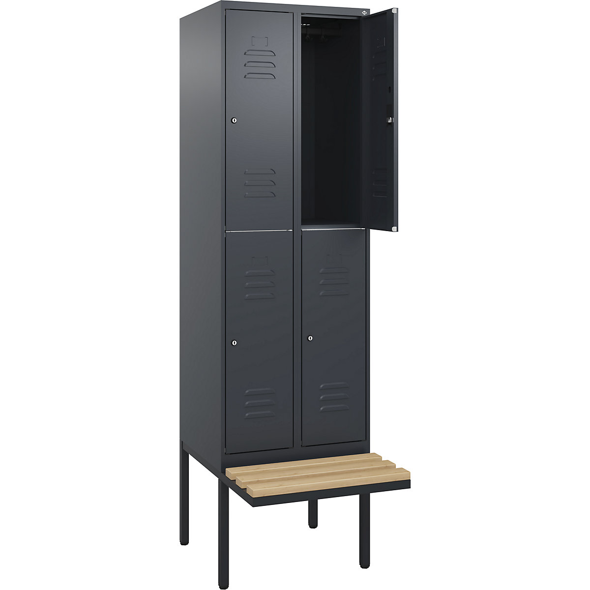 Armadietto a due piani Classic PLUS con panca – C+P, 2 scomparti, grigio, largh. 600 mm, serratura a cilindro, panca sporgente, legno duro di faggio-0