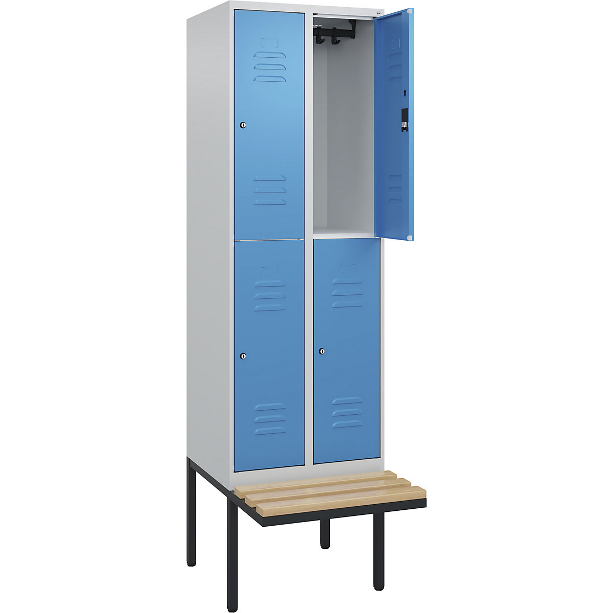 Armadietto a due piani Classic PLUS con panca – C+P, 2 scomparti, grigio chiaro / blu chiaro, largh. 600 mm, serratura a cilindro, panca sporgente, legno duro di faggio-0