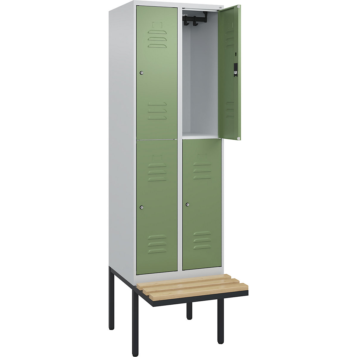 Armadietto a due piani Classic PLUS con panca – C+P, 2 scomparti, grigio chiaro / verde reseda, largh. 600 mm, serratura a cilindro, panca sporgente, legno duro di faggio-0