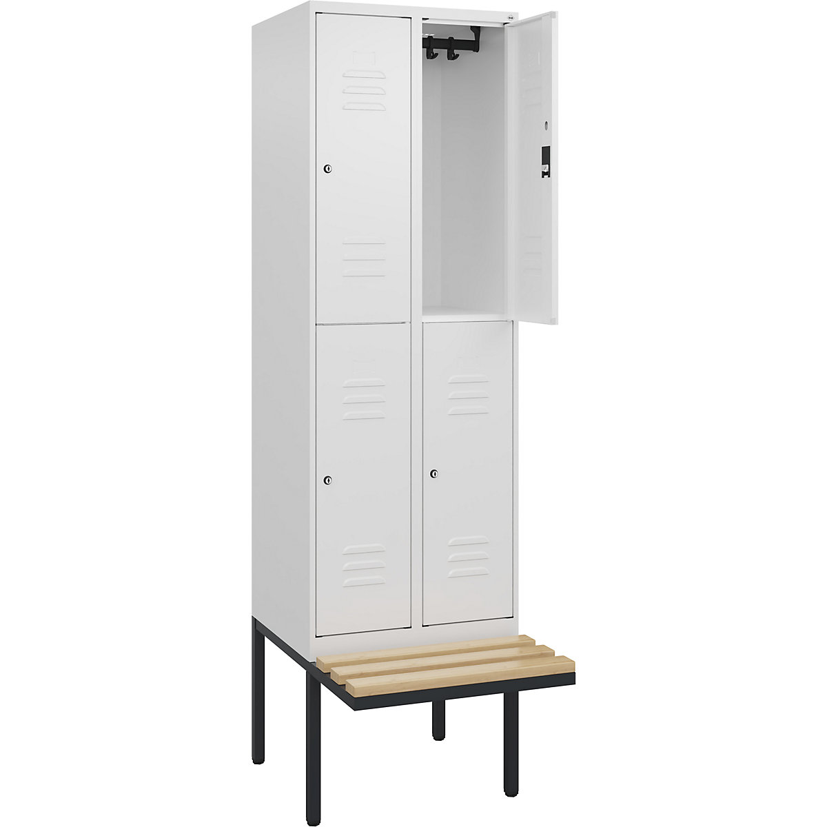 Armadietto a due piani Classic PLUS con panca – C+P, 2 scomparti, bianco traffico, largh. 600 mm, serratura a cilindro, panca sporgente, legno duro di faggio-0