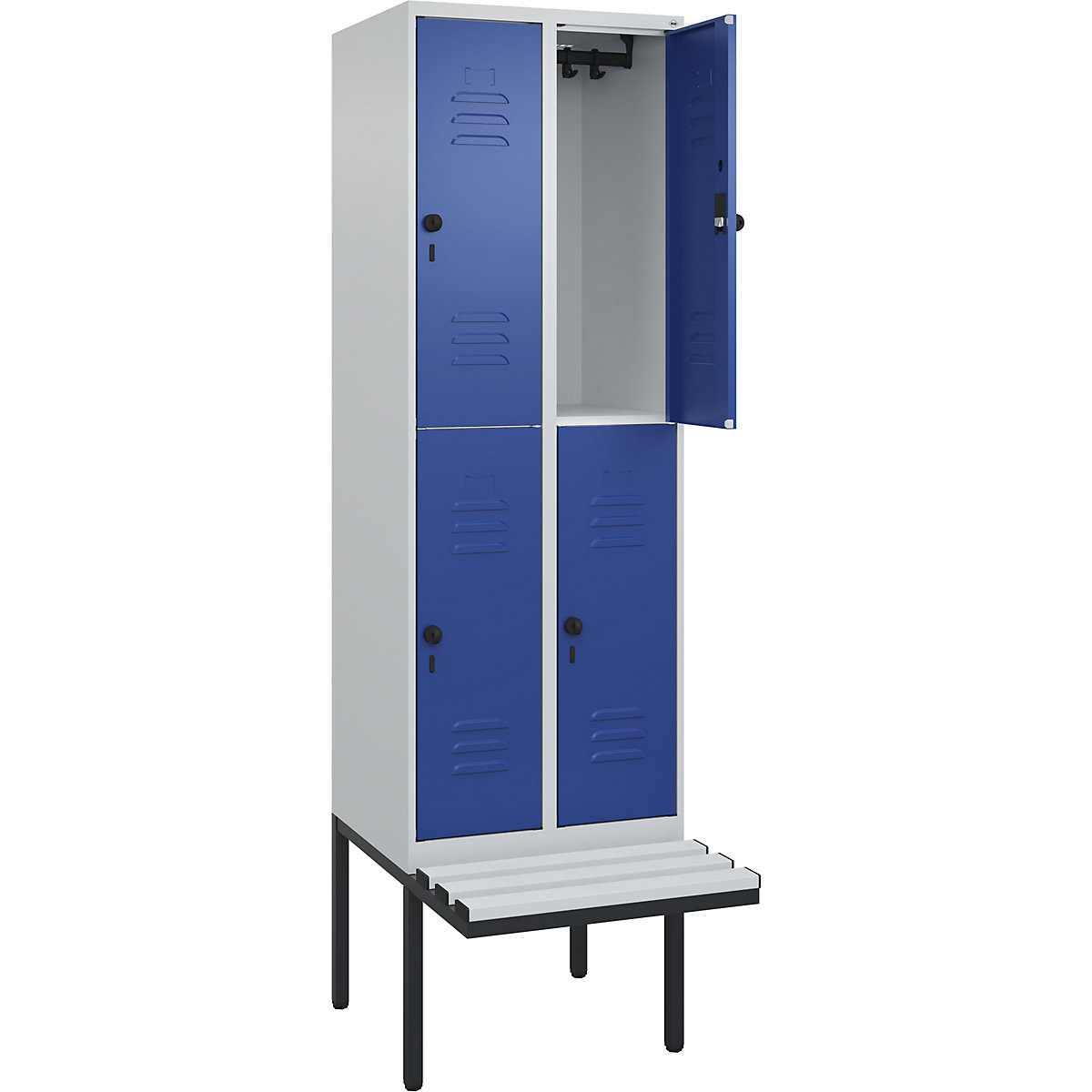 Armadietto a due piani Classic PLUS con panca – C+P, 2 scomparti, grigio chiaro / blu genziana, largh. 600 mm, serratura girevole di sicurezza, panca sporgente, plastica-0