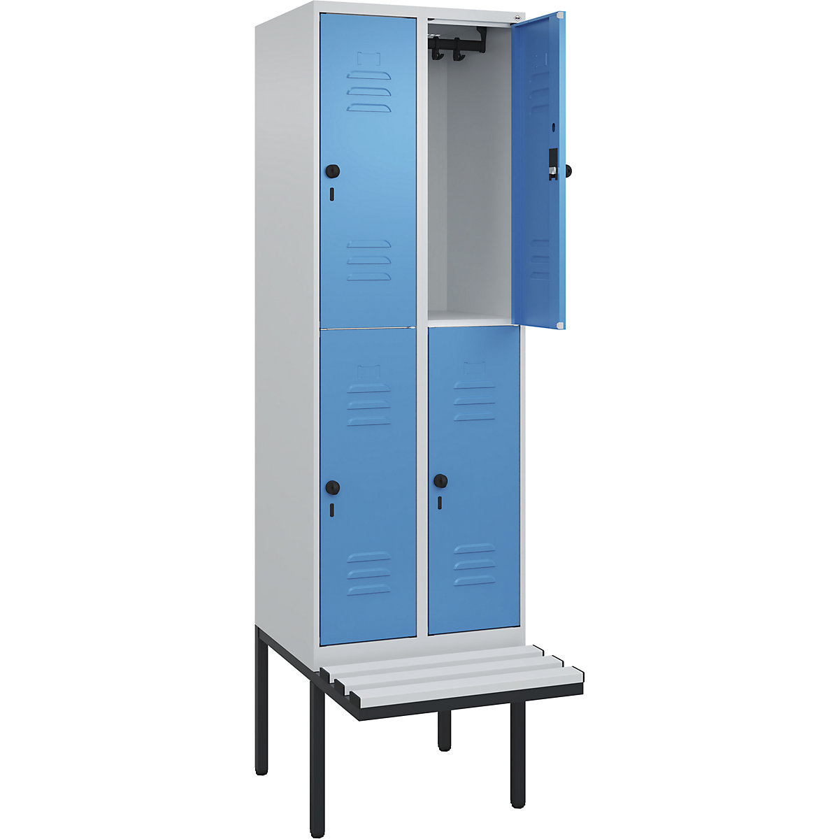 Armadietto a due piani Classic PLUS con panca – C+P, 2 scomparti, grigio chiaro / blu chiaro, largh. 600 mm, serratura girevole di sicurezza, panca sporgente, plastica-0