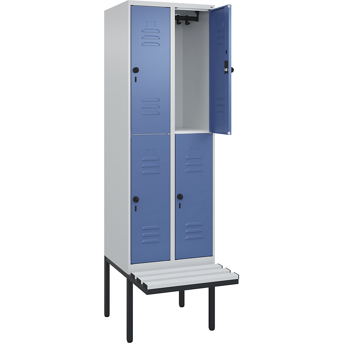 Armadietto a due piani Classic PLUS con panca – C+P, 2 scomparti, grigio chiaro / indaco, largh. 600 mm, serratura girevole di sicurezza, panca sporgente, plastica-0