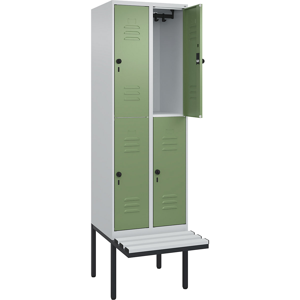 Armadietto a due piani Classic PLUS con panca – C+P, 2 scomparti, grigio chiaro / verde reseda, largh. 600 mm, serratura girevole di sicurezza, panca sporgente, plastica-0