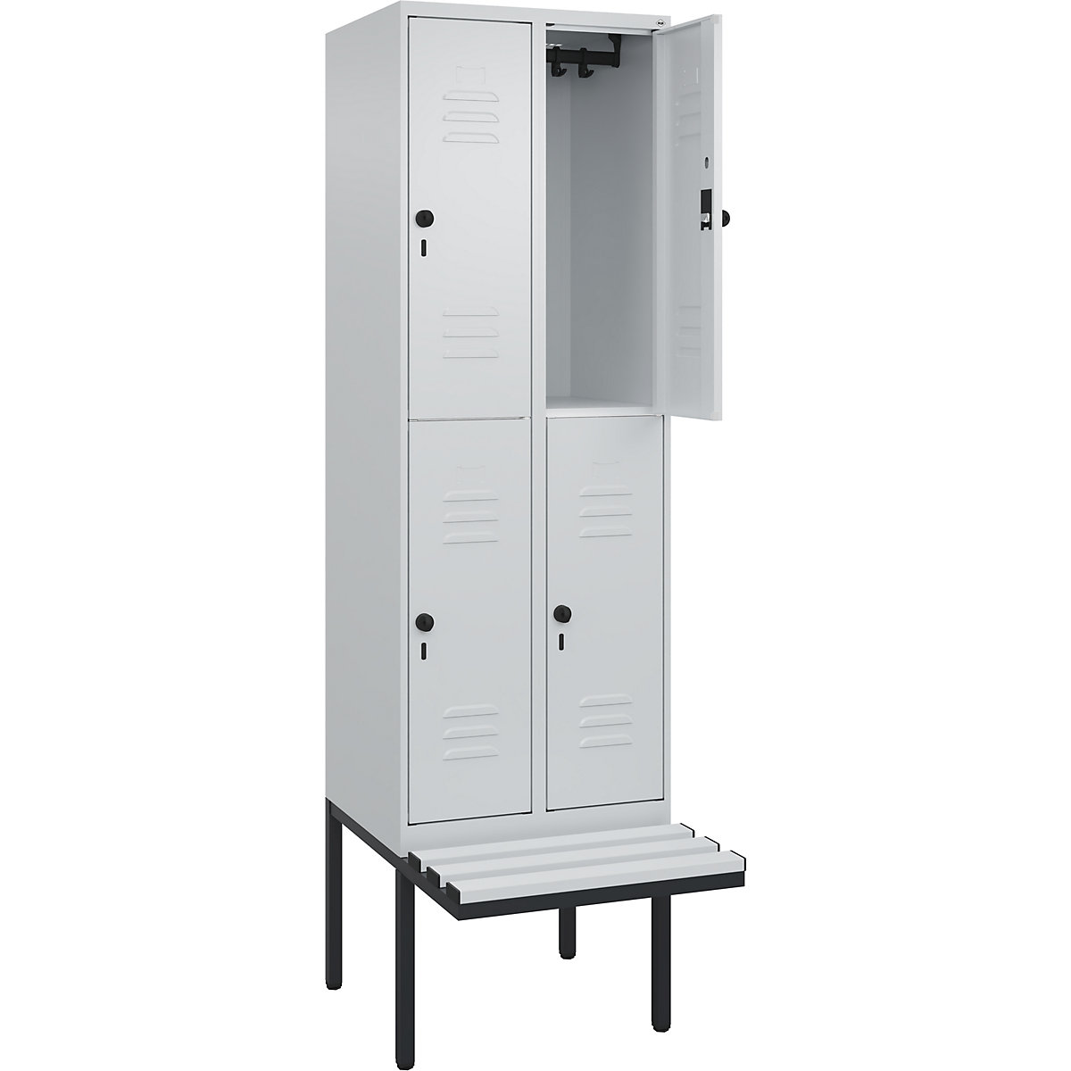 Armadietto a due piani Classic PLUS con panca – C+P, 2 scomparti, grigio chiaro, largh. 600 mm, serratura girevole di sicurezza, panca sporgente, plastica-0