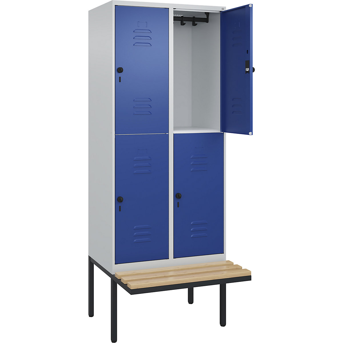 Armadietto a due piani Classic PLUS con panca – C+P, 2 scomparti, grigio chiaro / blu genziana, largh. 800 mm, serratura girevole di sicurezza, panca sporgente, legno duro di faggio-0