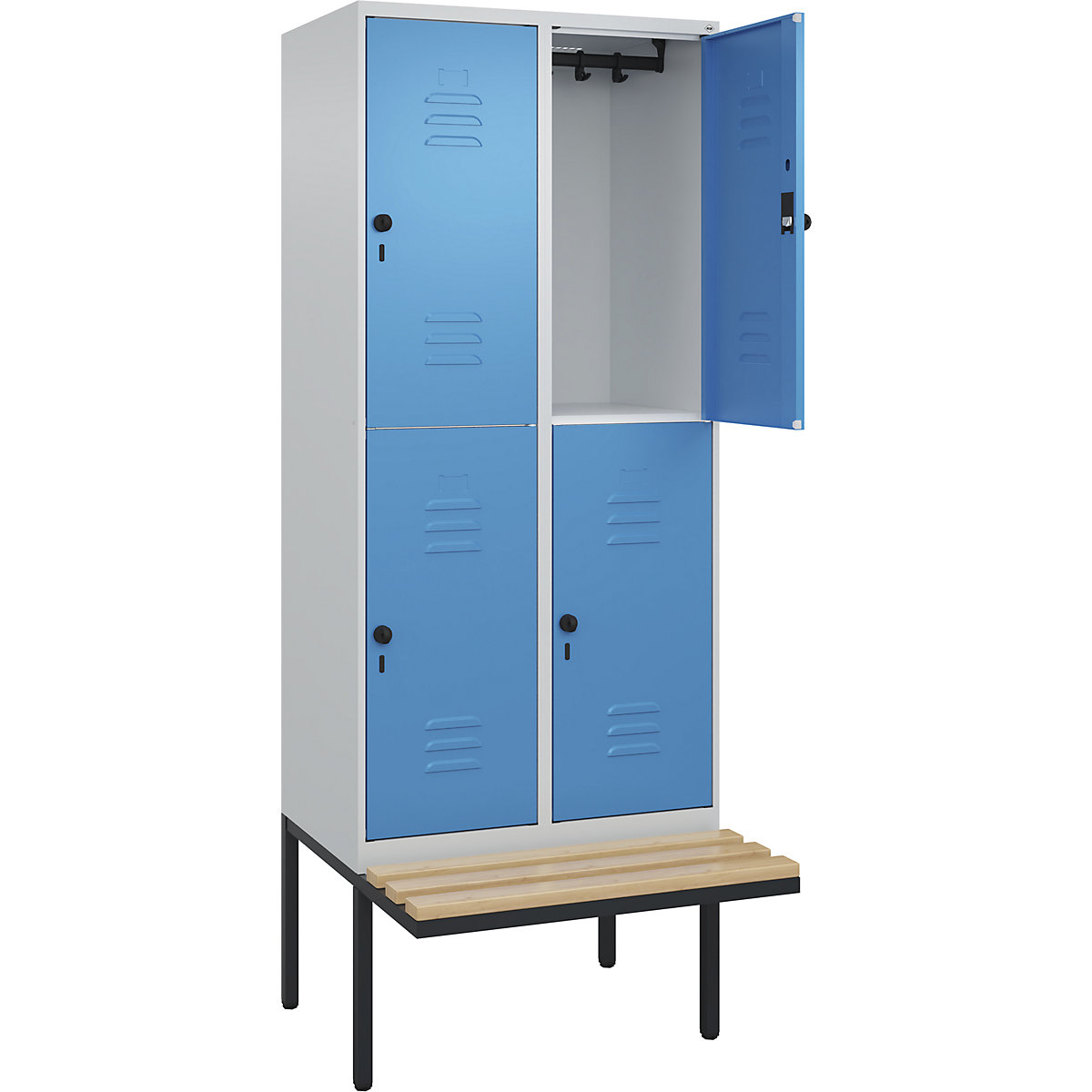 Armadietto a due piani Classic PLUS con panca – C+P, 2 scomparti, grigio chiaro / blu chiaro, largh. 800 mm, serratura girevole di sicurezza, panca sporgente, legno duro di faggio-0