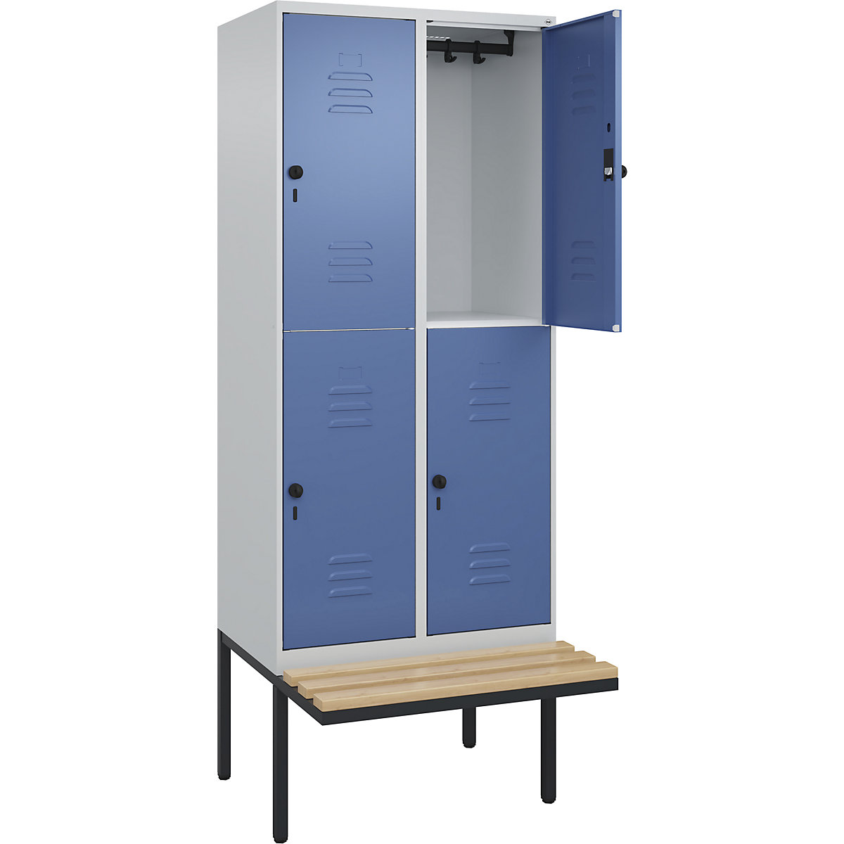 Armadietto a due piani Classic PLUS con panca – C+P, 2 scomparti, grigio chiaro / indaco, largh. 800 mm, serratura girevole di sicurezza, panca sporgente, legno duro di faggio-0