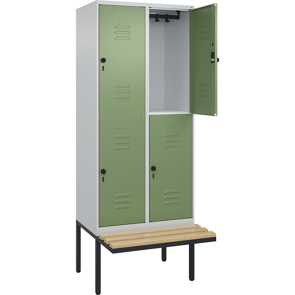 Armadietto a due piani Classic PLUS con panca – C+P, 2 scomparti, grigio chiaro / verde reseda, largh. 800 mm, serratura girevole di sicurezza, panca sporgente, legno duro di faggio-0