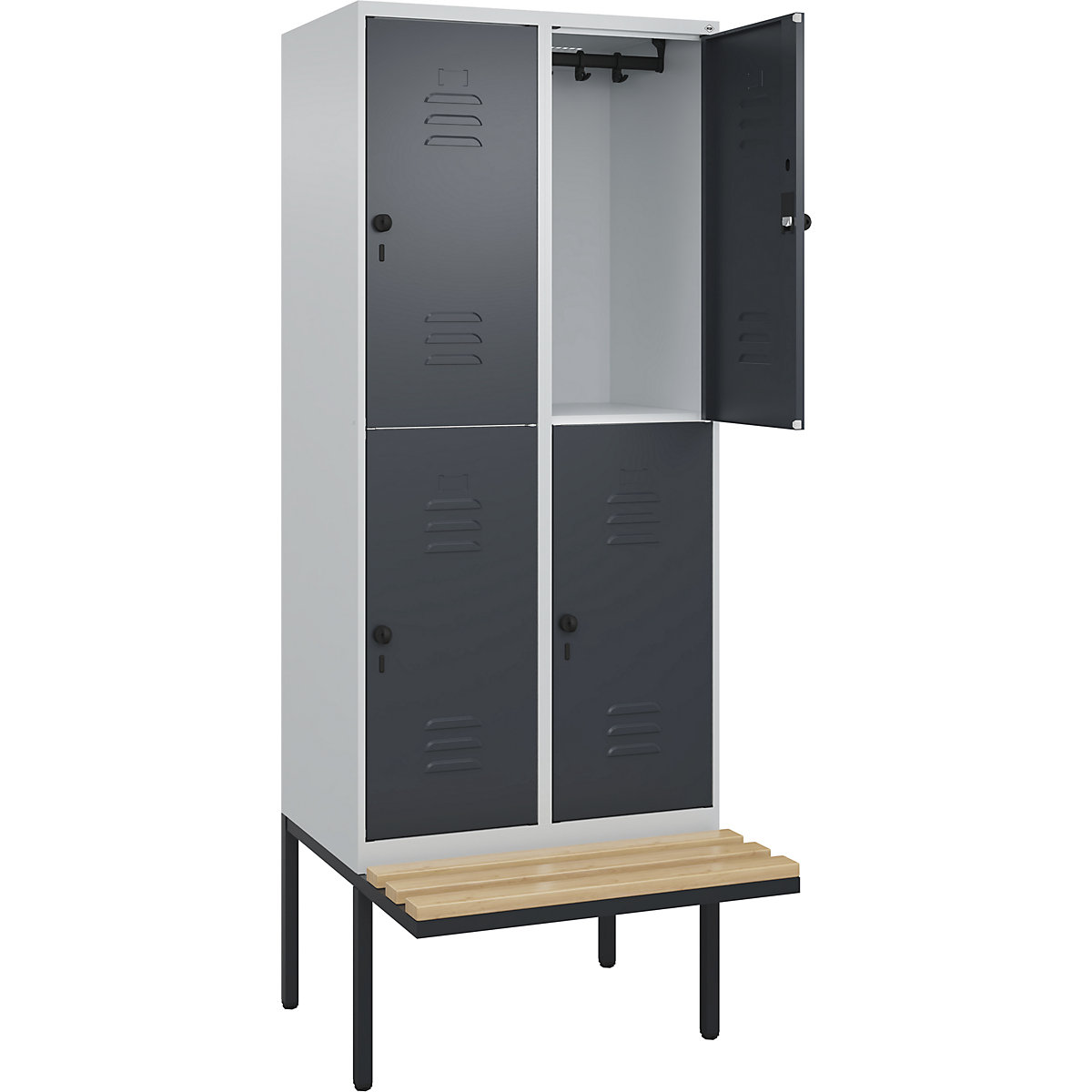 Armadietto a due piani Classic PLUS con panca – C+P, 2 scomparti, grigio chiaro / grigio, largh. 800 mm, serratura girevole di sicurezza, panca sporgente, legno duro di faggio-0