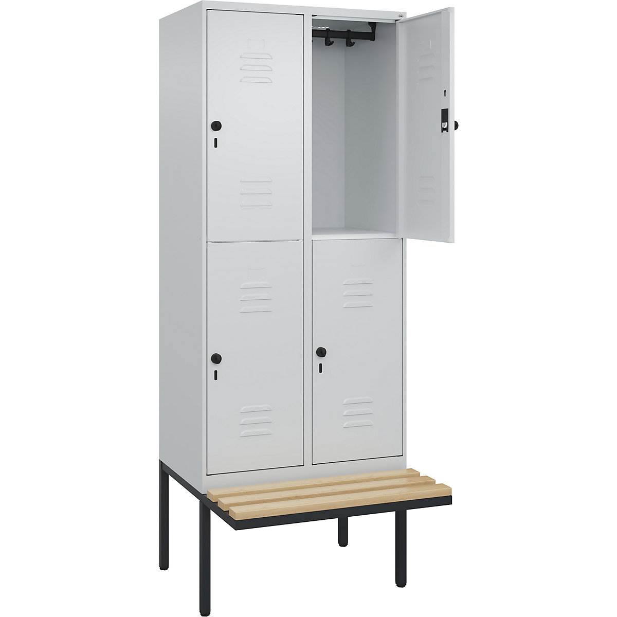 Armadietto a due piani Classic PLUS con panca – C+P, 2 scomparti, grigio chiaro, largh. 800 mm, serratura girevole di sicurezza, panca sporgente, legno duro di faggio-0