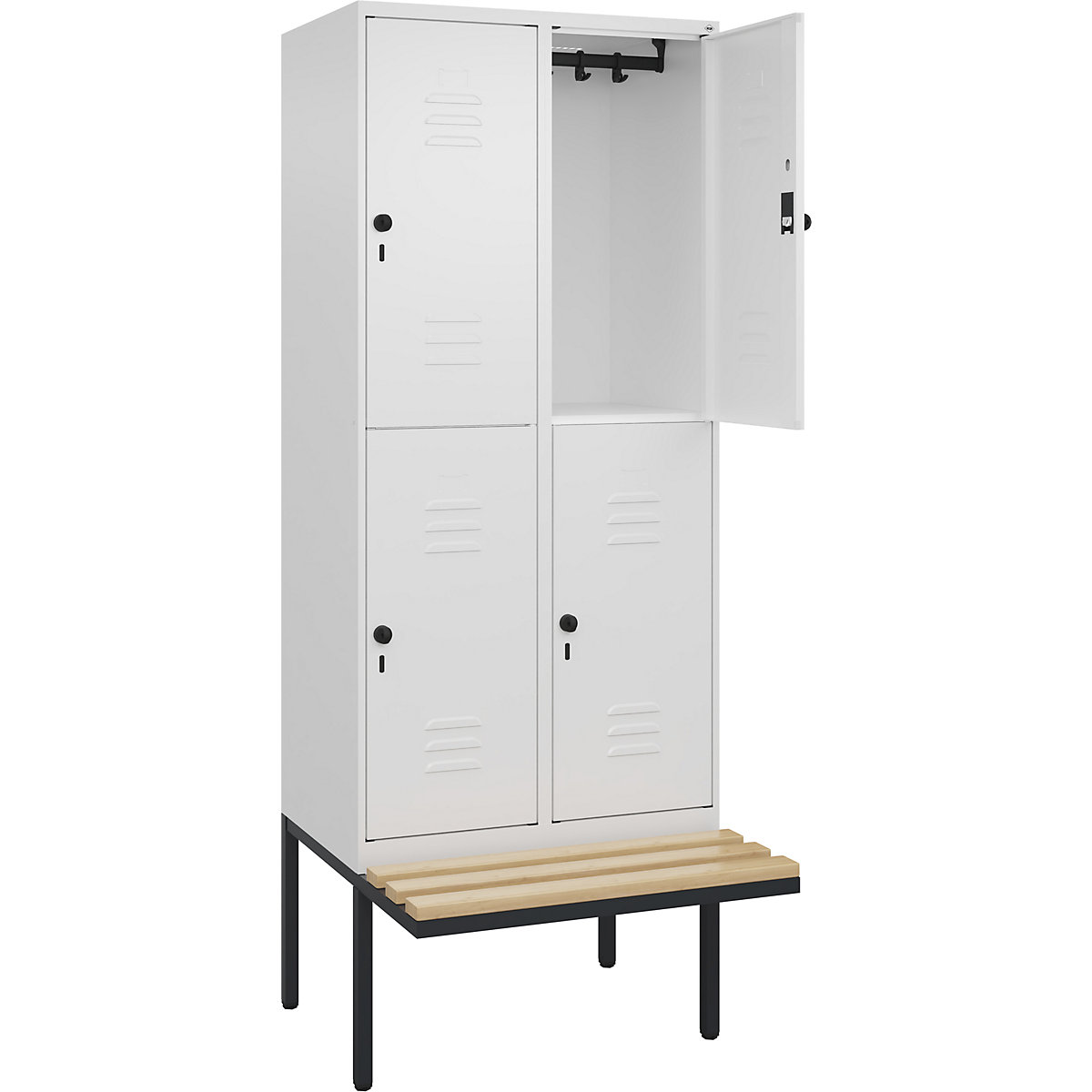 Armadietto a due piani Classic PLUS con panca – C+P, 2 scomparti, bianco traffico, largh. 800 mm, serratura girevole di sicurezza, panca sporgente, legno duro di faggio-0