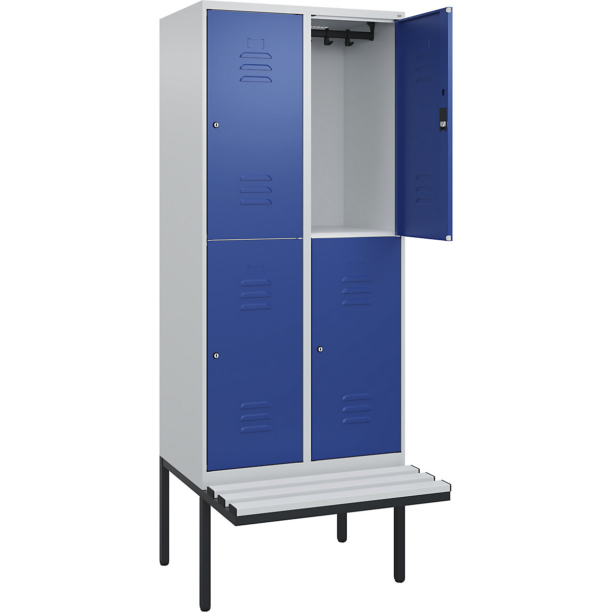 Armadietto a due piani Classic PLUS con panca – C+P, 2 scomparti, grigio chiaro / blu genziana, largh. 800 mm, serratura a cilindro, panca sporgente, plastica-0