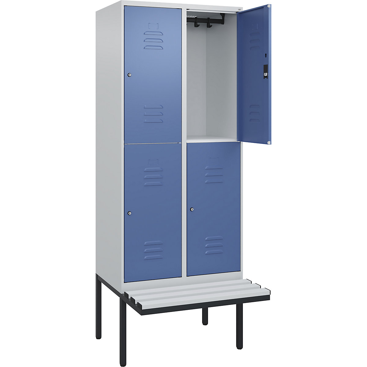 Armadietto a due piani Classic PLUS con panca – C+P, 2 scomparti, grigio chiaro / indaco, largh. 800 mm, serratura a cilindro, panca sporgente, plastica-0
