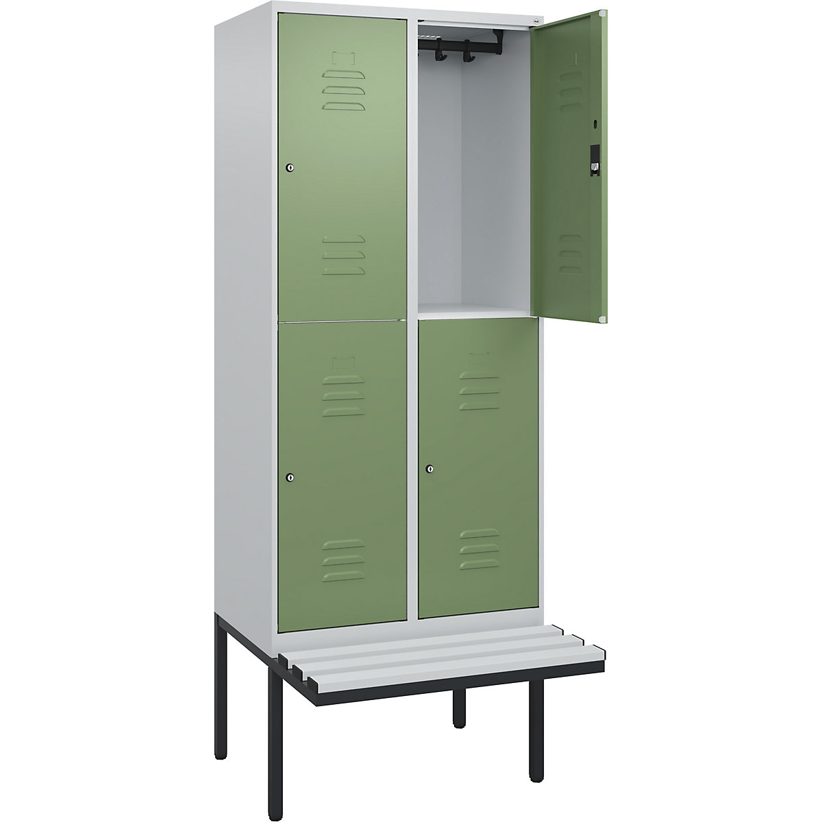 Armadietto a due piani Classic PLUS con panca – C+P, 2 scomparti, grigio chiaro / verde reseda, largh. 800 mm, serratura a cilindro, panca sporgente, plastica-0