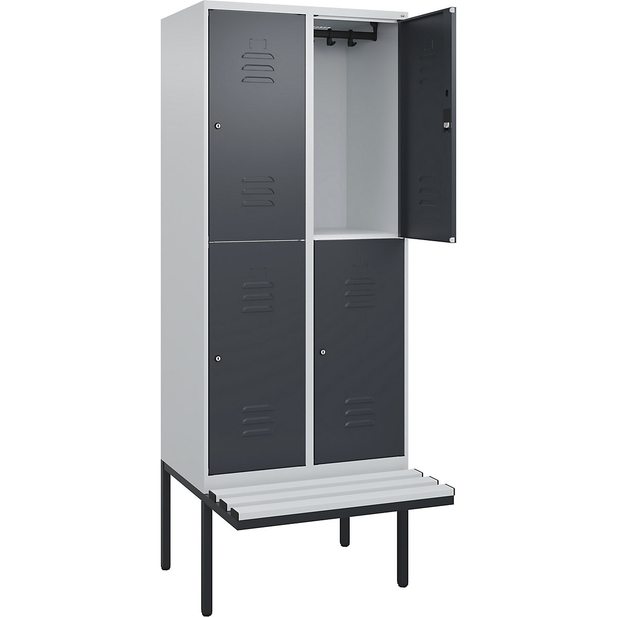 Armadietto a due piani Classic PLUS con panca – C+P, 2 scomparti, grigio chiaro / grigio, largh. 800 mm, serratura a cilindro, panca sporgente, plastica-0
