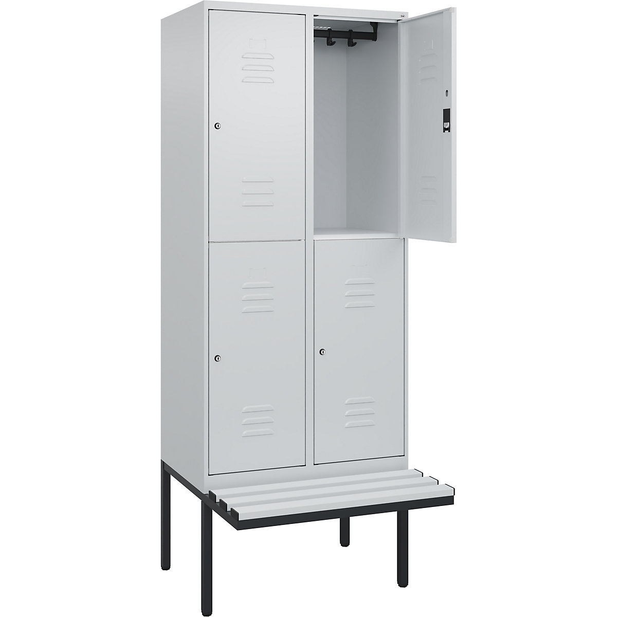 Armadietto a due piani Classic PLUS con panca – C+P, 2 scomparti, grigio chiaro, largh. 800 mm, serratura a cilindro, panca sporgente, plastica-0