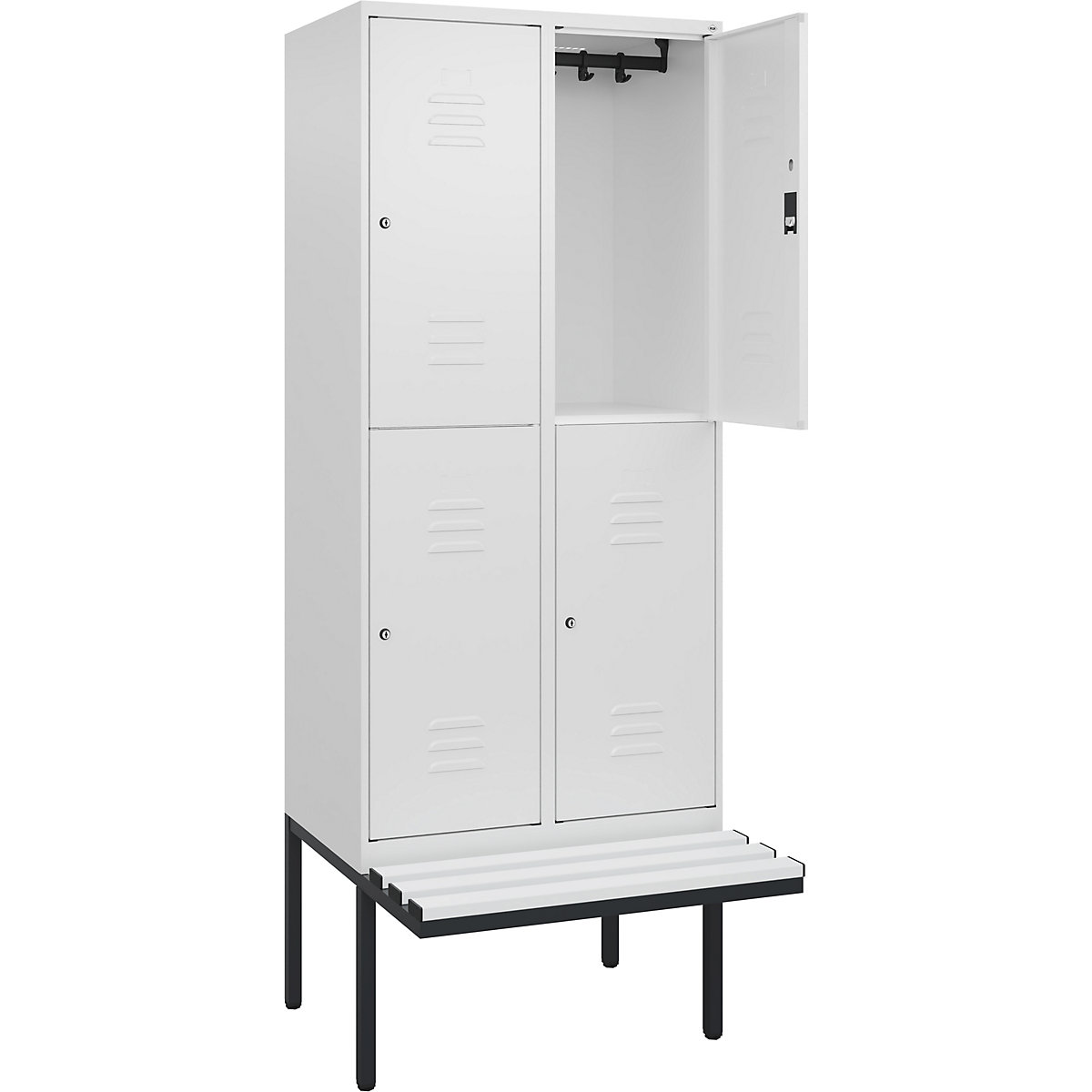 Armadietto a due piani Classic PLUS con panca – C+P, 2 scomparti, bianco traffico, largh. 800 mm, serratura a cilindro, panca sporgente, plastica-0