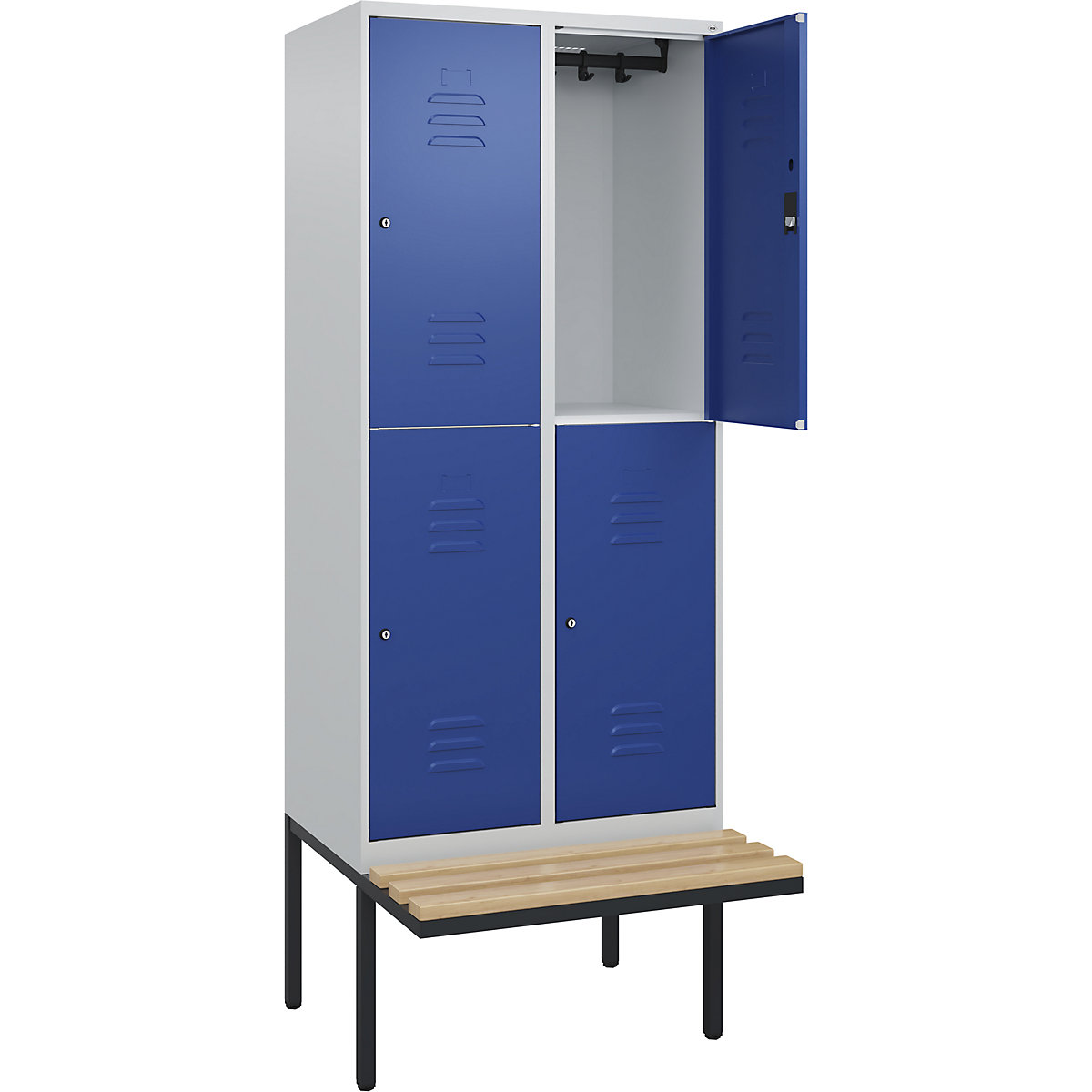 Armadietto a due piani Classic PLUS con panca – C+P, 2 scomparti, grigio chiaro / blu genziana, largh. 800 mm, serratura a cilindro, panca sporgente, legno duro di faggio-0