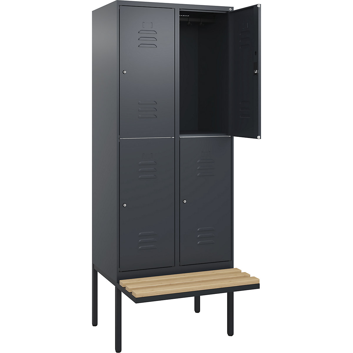 Armadietto a due piani Classic PLUS con panca – C+P, 2 scomparti, grigio, largh. 800 mm, serratura a cilindro, panca sporgente, legno duro di faggio-0