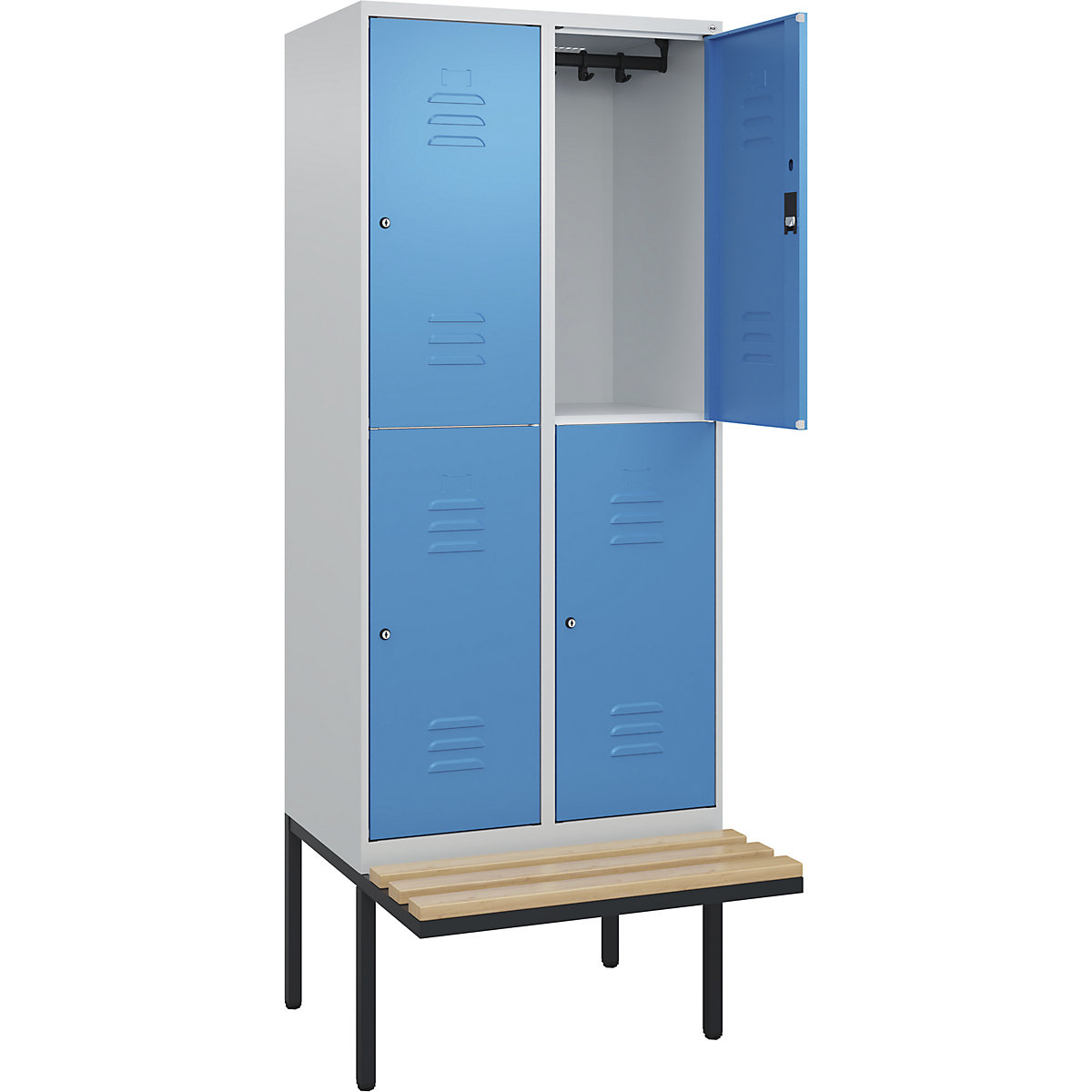 Armadietto a due piani Classic PLUS con panca – C+P, 2 scomparti, grigio chiaro / blu chiaro, largh. 800 mm, serratura a cilindro, panca sporgente, legno duro di faggio-0