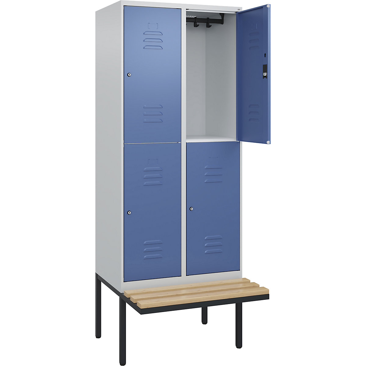 Armadietto a due piani Classic PLUS con panca – C+P, 2 scomparti, grigio chiaro / indaco, largh. 800 mm, serratura a cilindro, panca sporgente, legno duro di faggio-0