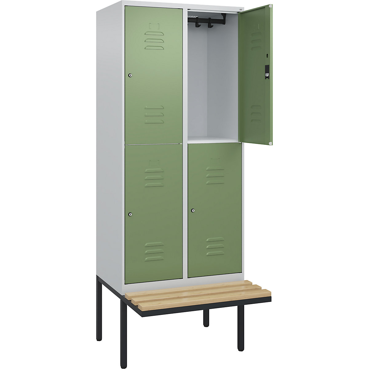 Armadietto a due piani Classic PLUS con panca – C+P, 2 scomparti, grigio chiaro / verde reseda, largh. 800 mm, serratura a cilindro, panca sporgente, legno duro di faggio-0
