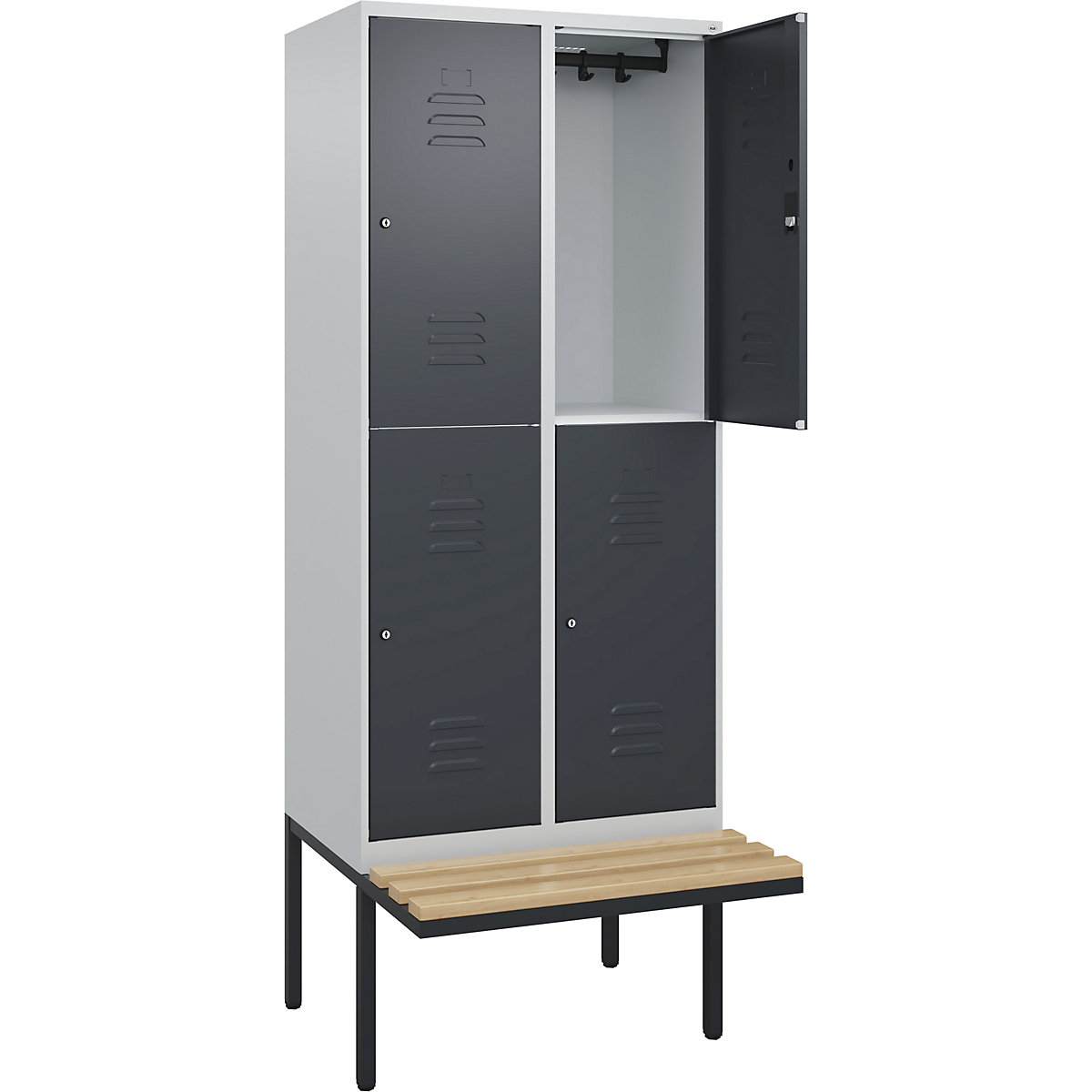 Armadietto a due piani Classic PLUS con panca – C+P, 2 scomparti, grigio chiaro / grigio, largh. 800 mm, serratura a cilindro, panca sporgente, legno duro di faggio-0