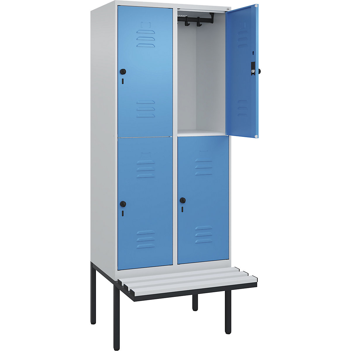 Armadietto a due piani Classic PLUS con panca – C+P, 2 scomparti, grigio chiaro / blu chiaro, largh. 800 mm, serratura girevole di sicurezza, panca sporgente, plastica-0