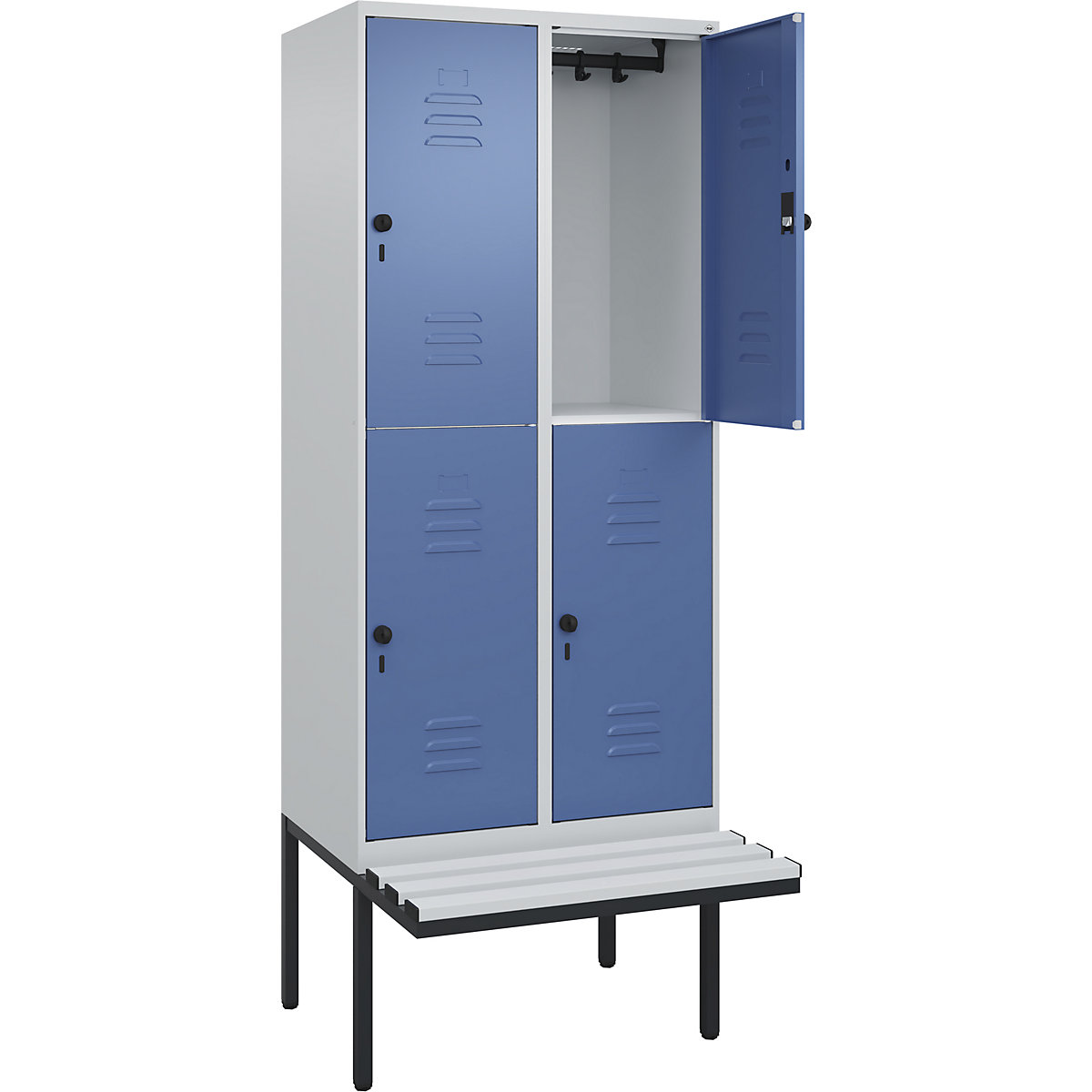 Armadietto a due piani Classic PLUS con panca – C+P, 2 scomparti, grigio chiaro / indaco, largh. 800 mm, serratura girevole di sicurezza, panca sporgente, plastica-0