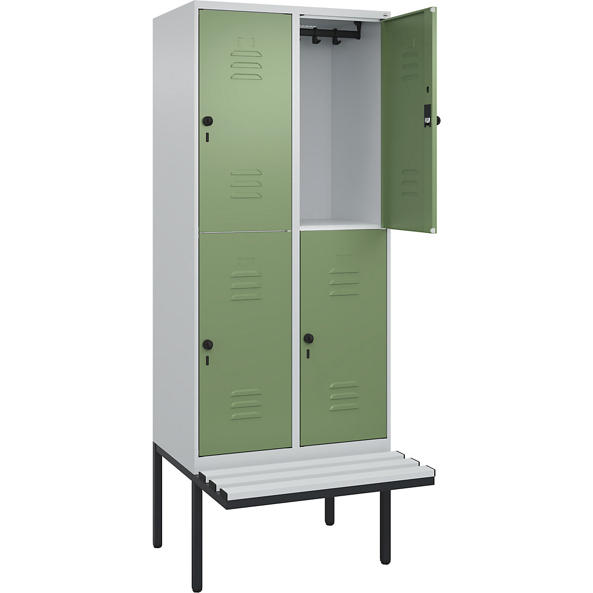 Armadietto a due piani Classic PLUS con panca – C+P, 2 scomparti, grigio chiaro / verde reseda, largh. 800 mm, serratura girevole di sicurezza, panca sporgente, plastica-0