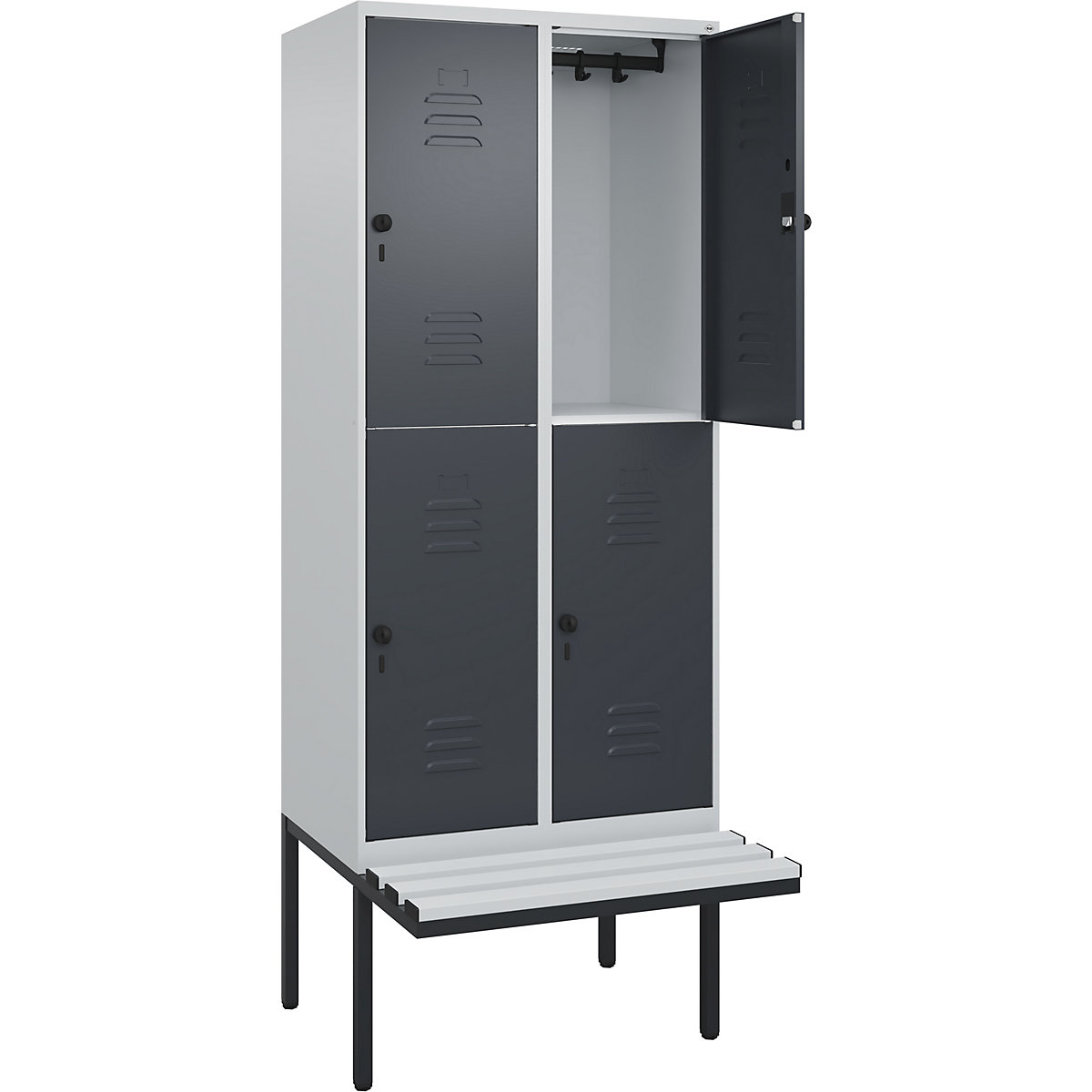 Armadietto a due piani Classic PLUS con panca – C+P, 2 scomparti, grigio chiaro / grigio, largh. 800 mm, serratura girevole di sicurezza, panca sporgente, plastica-0
