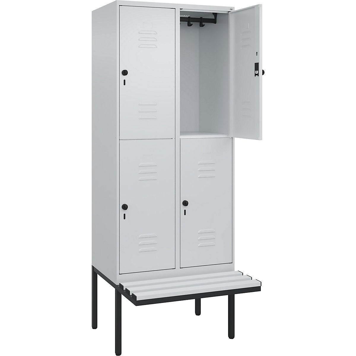 Armadietto a due piani Classic PLUS con panca – C+P, 2 scomparti, grigio chiaro, largh. 800 mm, serratura girevole di sicurezza, panca sporgente, plastica-0