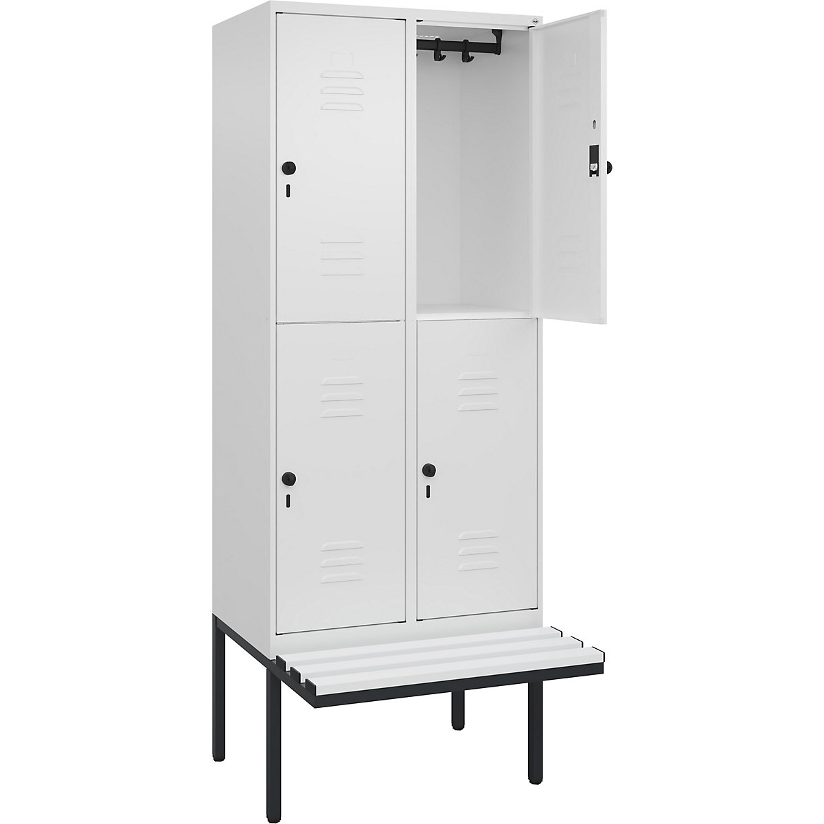Armadietto a due piani Classic PLUS con panca – C+P, 2 scomparti, bianco traffico, largh. 800 mm, serratura girevole di sicurezza, panca sporgente, plastica-0