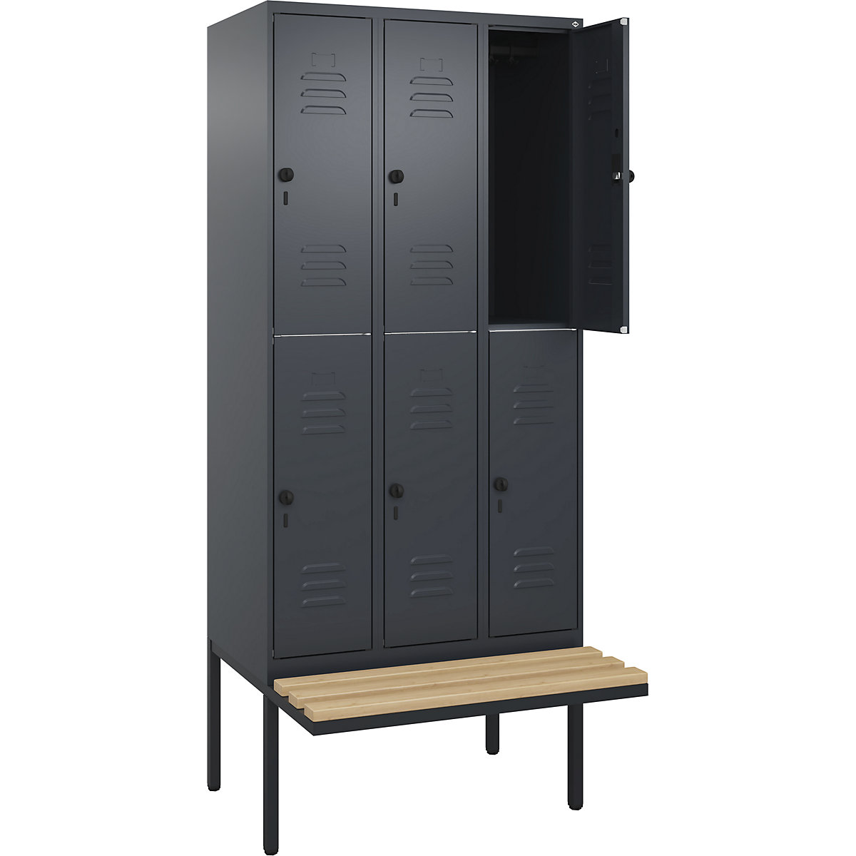 Armadietto a due piani Classic PLUS con panca – C+P, 3 scomparti, grigio, largh. 900 mm, serratura girevole di sicurezza, panca sporgente, legno duro di faggio-0