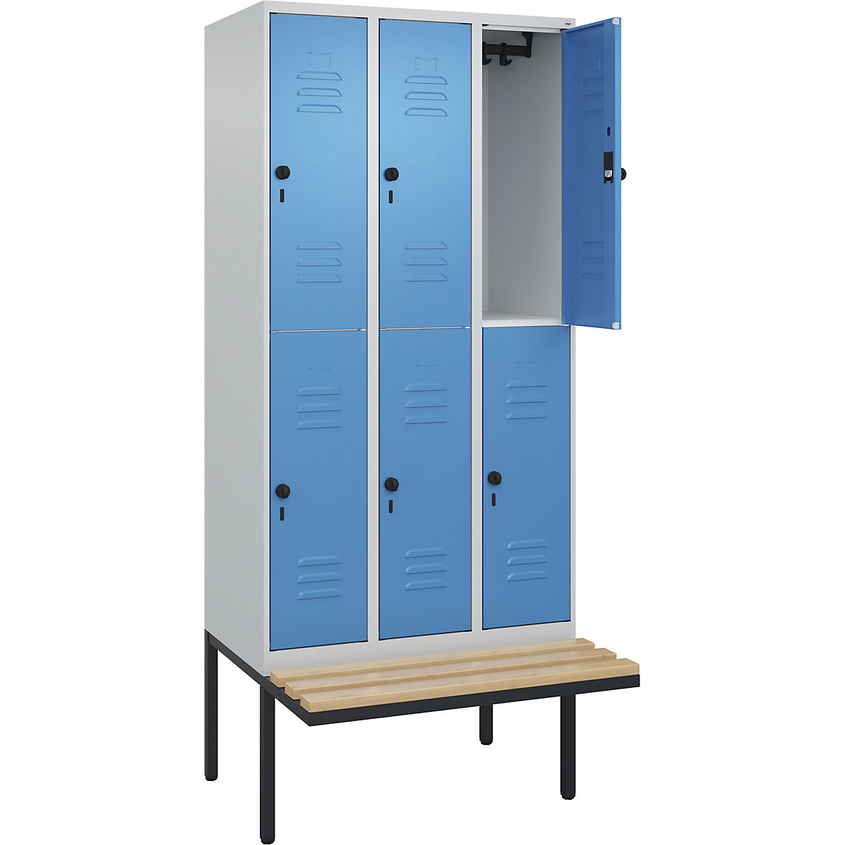Armadietto a due piani Classic PLUS con panca – C+P, 3 scomparti, grigio chiaro / blu chiaro, largh. 900 mm, serratura girevole di sicurezza, panca sporgente, legno duro di faggio-0